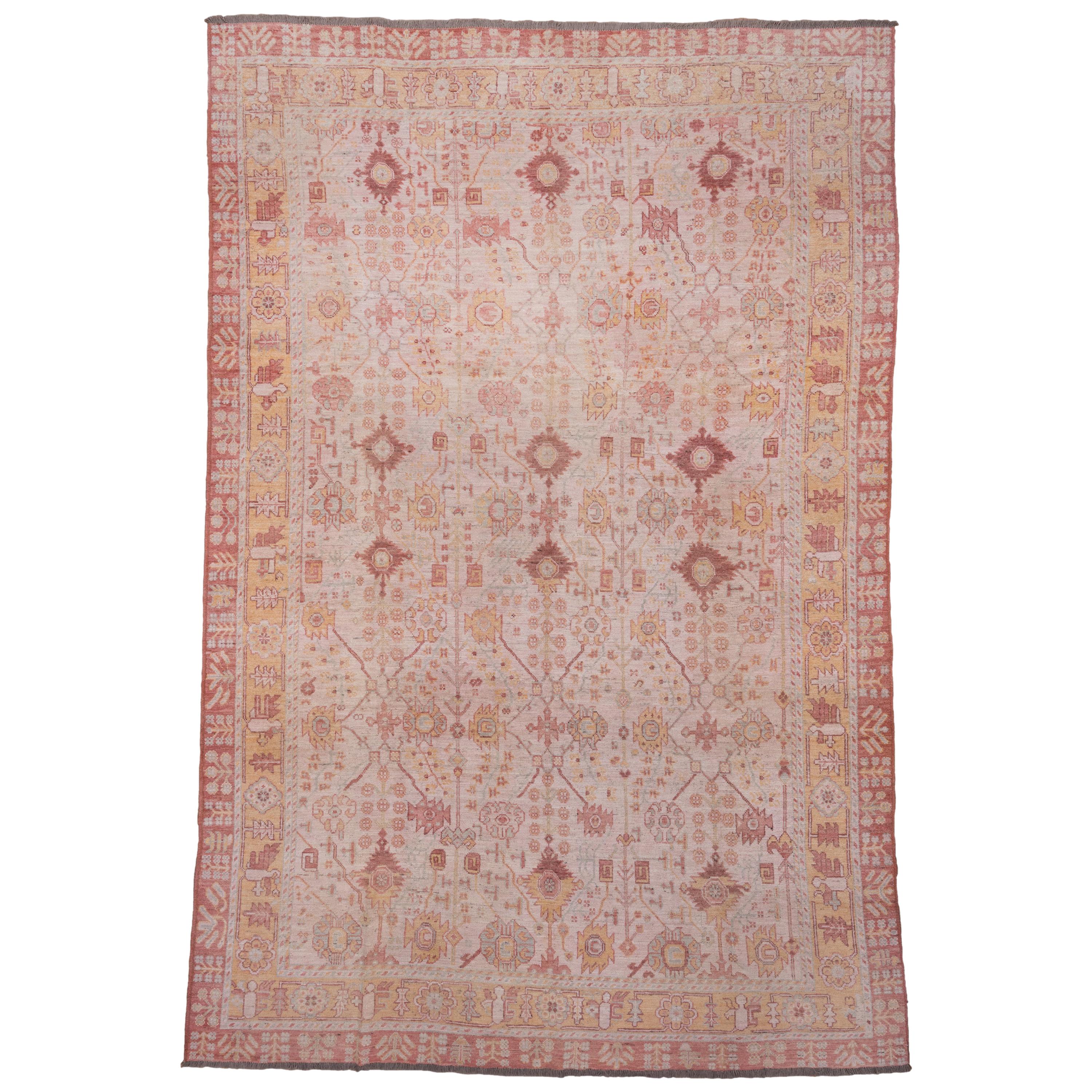 Handknotted Oushak Design Rug, Pink Allover FIeid, Zanaki Colorful Double Border For Sale