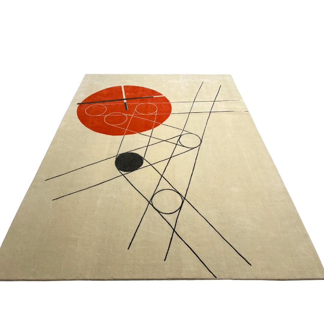 Tapis noué à la main d'après László Moholy-Nagy. Cercle rouge et lignes noires, crème Neuf - En vente à Munich, DE