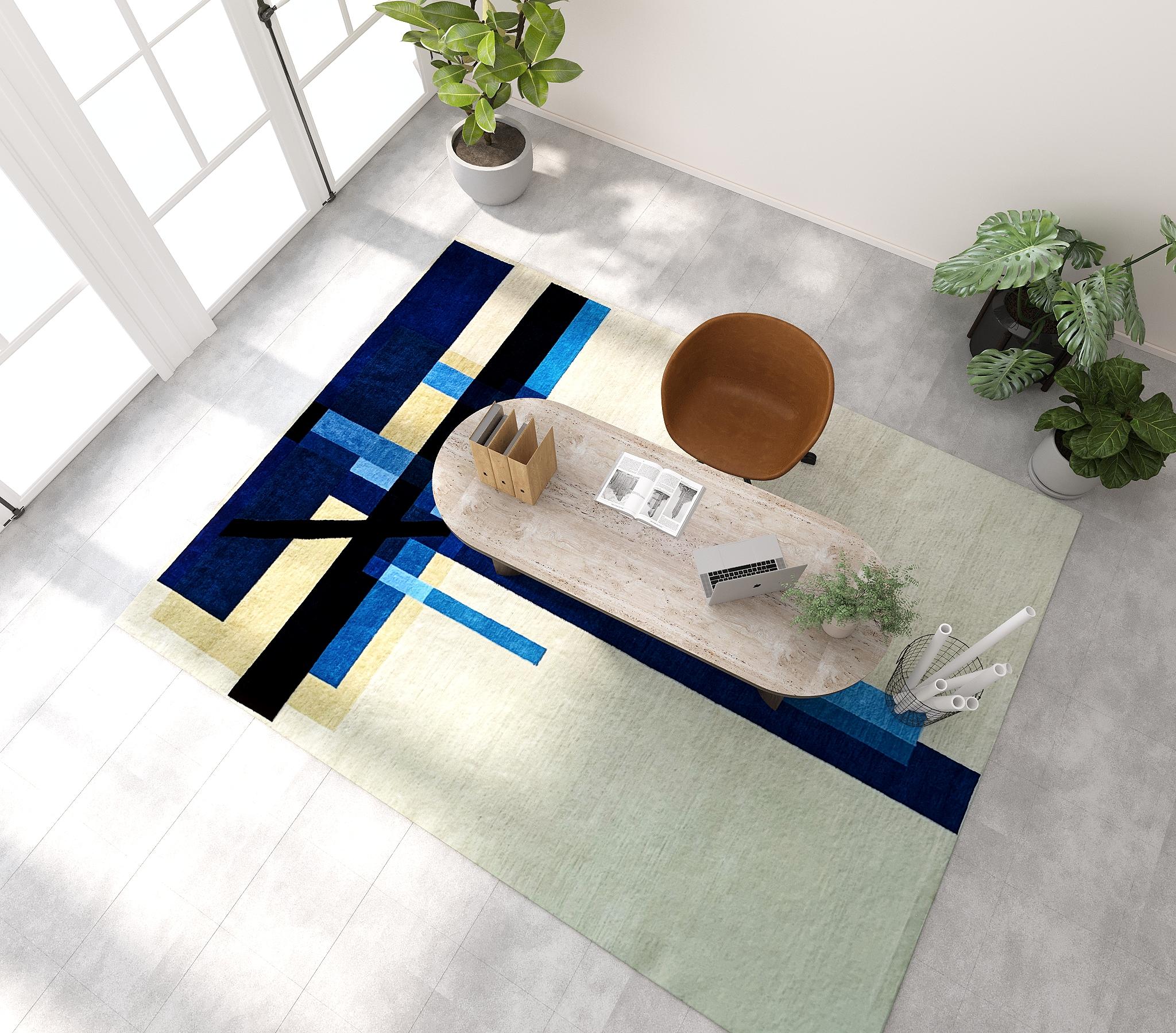 Custom hand knotted rug based on the painting “Composition C XII” by László Moholy-Nagy.

Colors: 25 custom-dyed colors. Main colors in the rug: 23 different blue shades, from midnight blue to royal blue and cornflower blue to navy. Background in