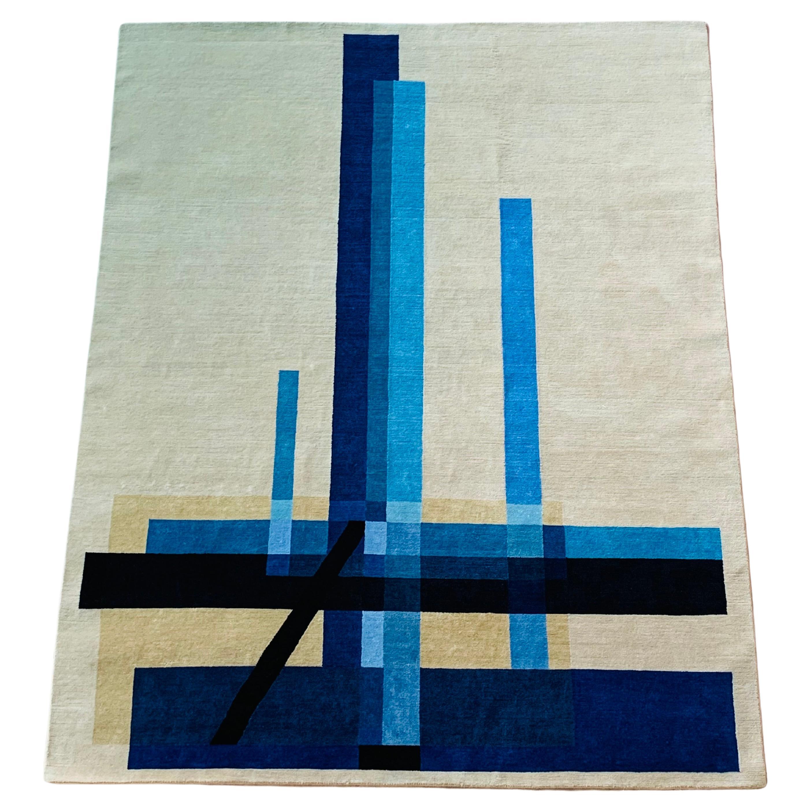 Handknotted Rug, "Composition C XII" after László Moholy-Nagy. Blue, beige For Sale