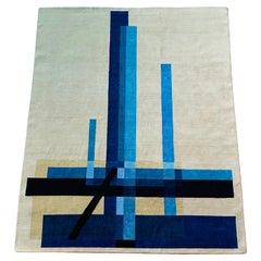 Handknotted Rug, "Composition C XII" after László Moholy-Nagy. Blue, beige