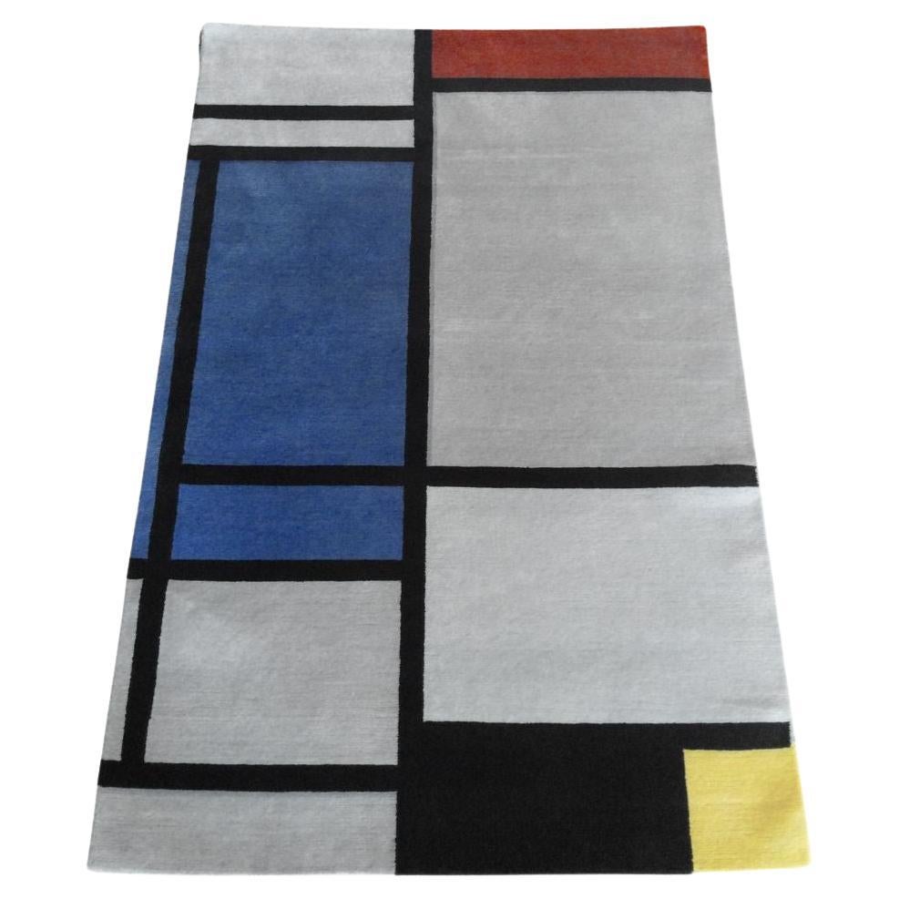 Handknotted Rug, “Comp. w. Red, Blue, Black, Yellow & Gray" After Piet Mondrian For Sale