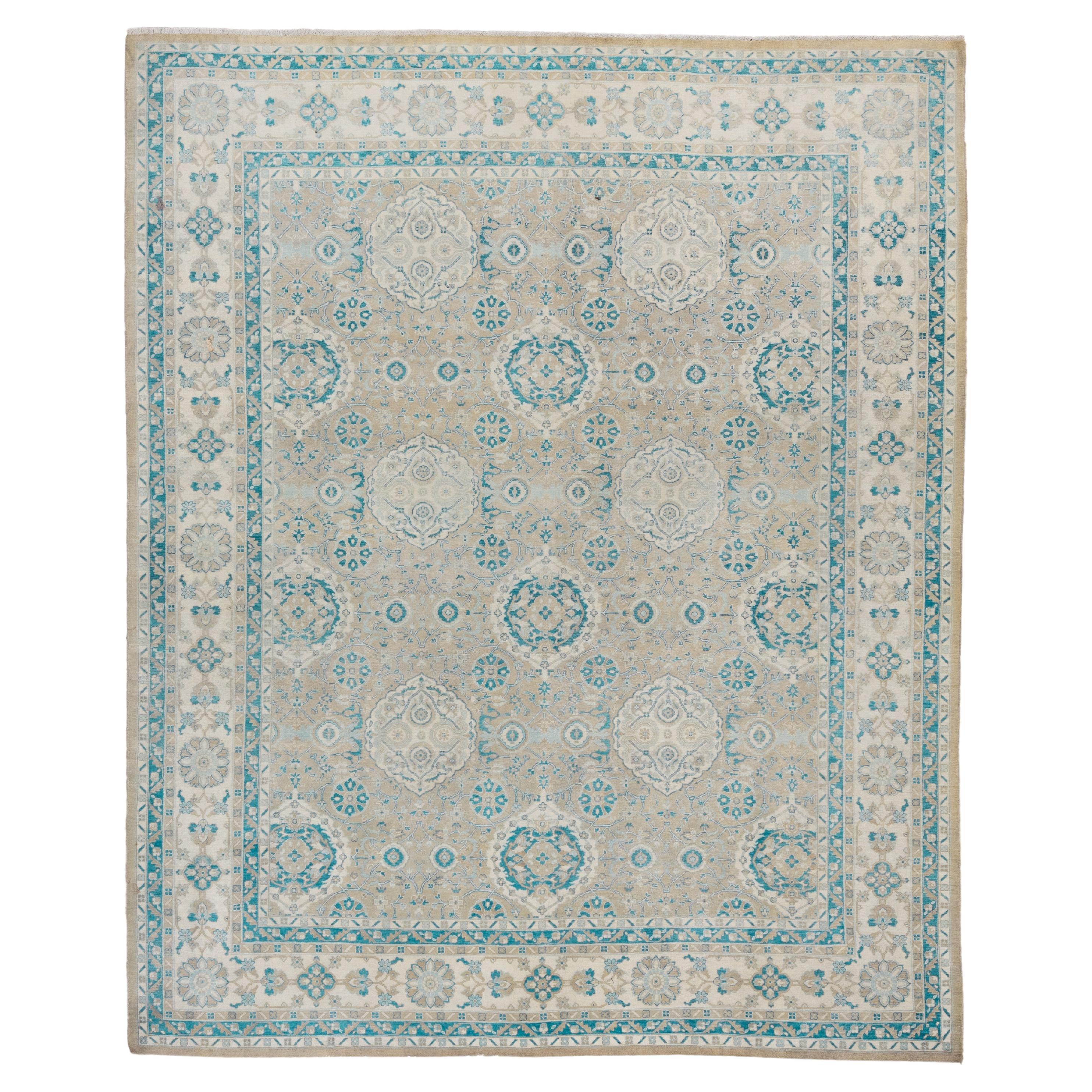 Handknotted Sivas Design Area Rug, Allover Beige Field, Ivory Borders For Sale
