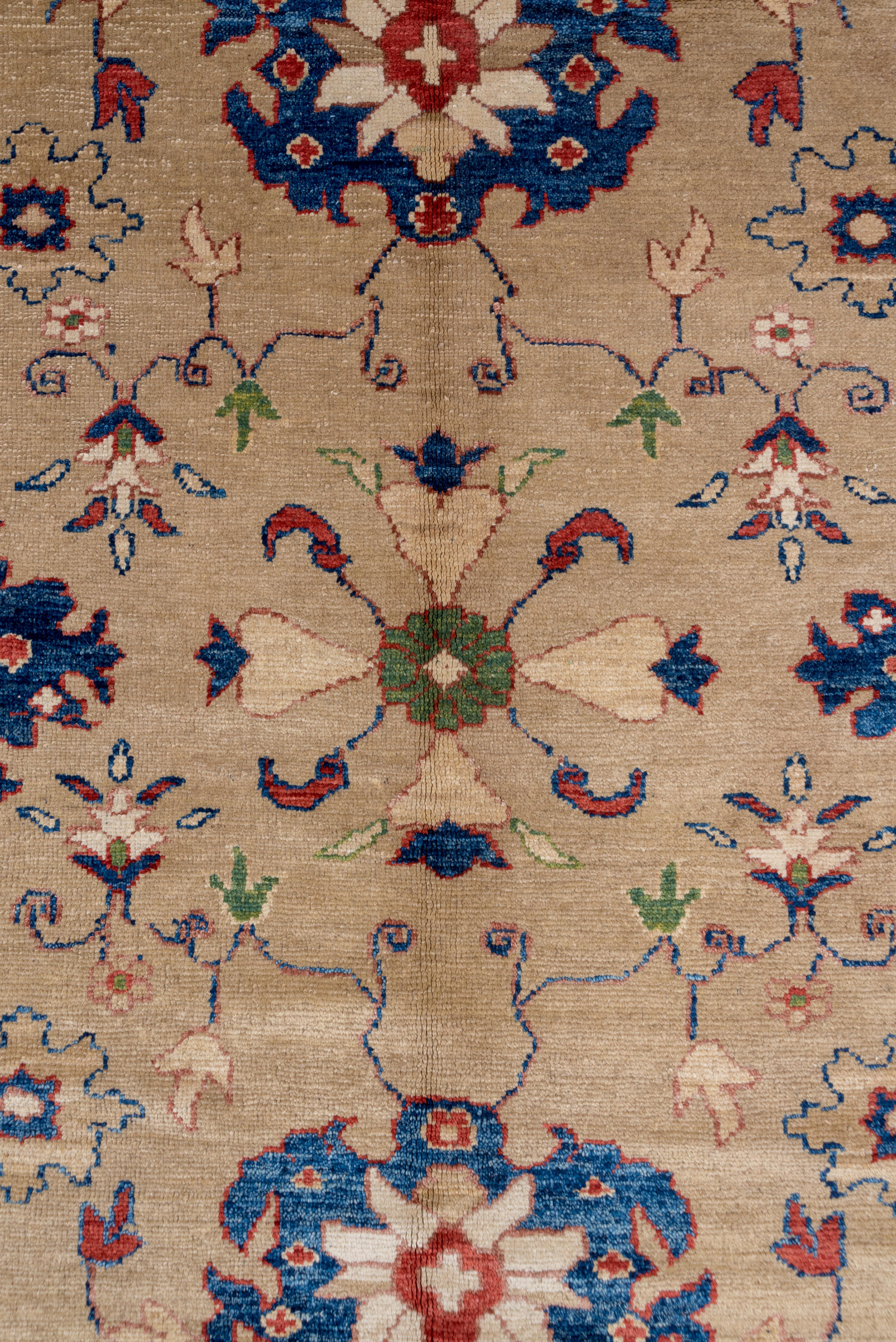 Hand Knotted Turkish Oushak Rug, Beige All-Over Field, Royal Blue Borders In Excellent Condition For Sale In New York, NY