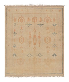 Tapis Oushak turc vintage noué à la main en beige/brun, motif géométrique orange