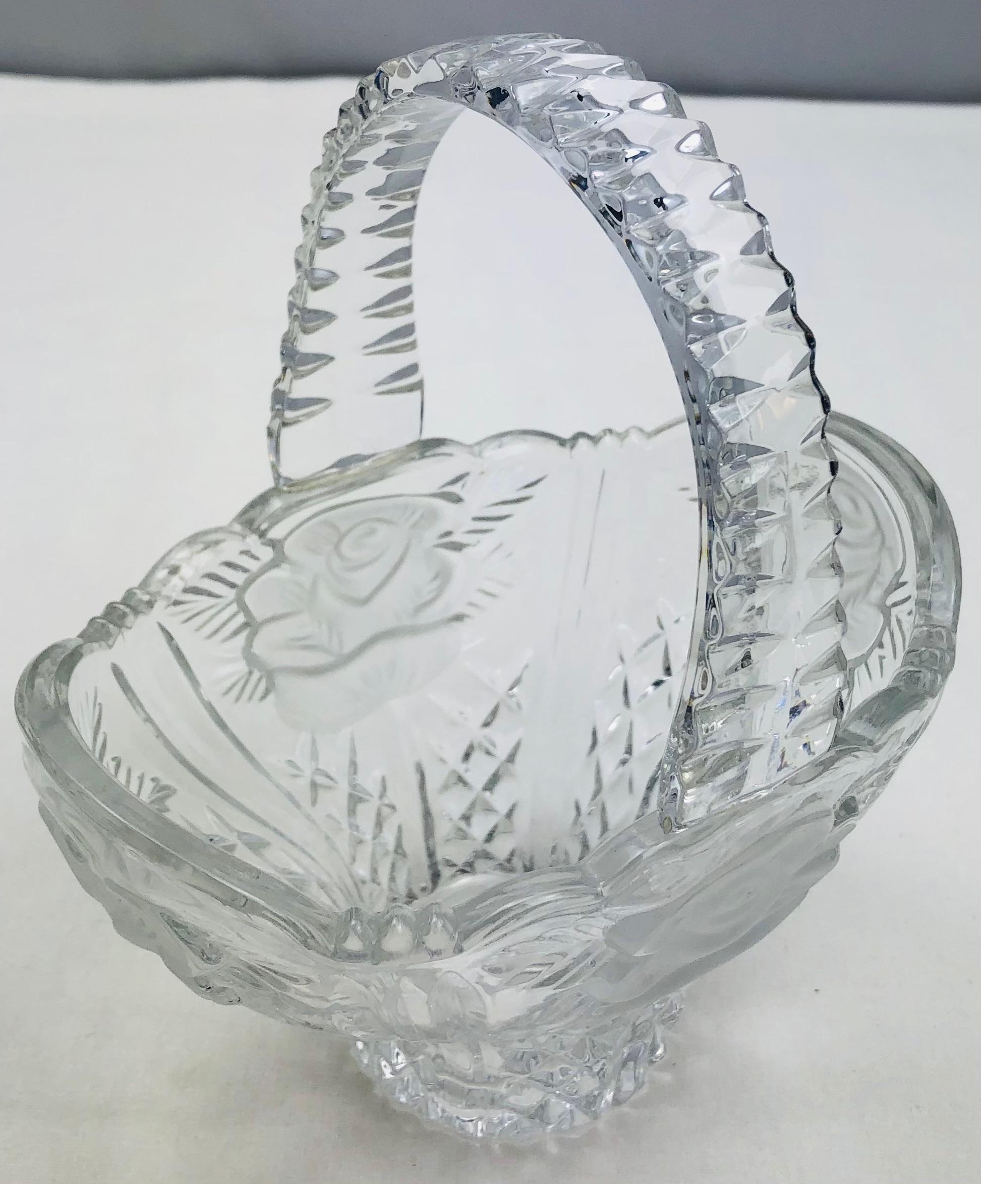 French Lalique Style Handled Crystal Candy Dish  For Sale