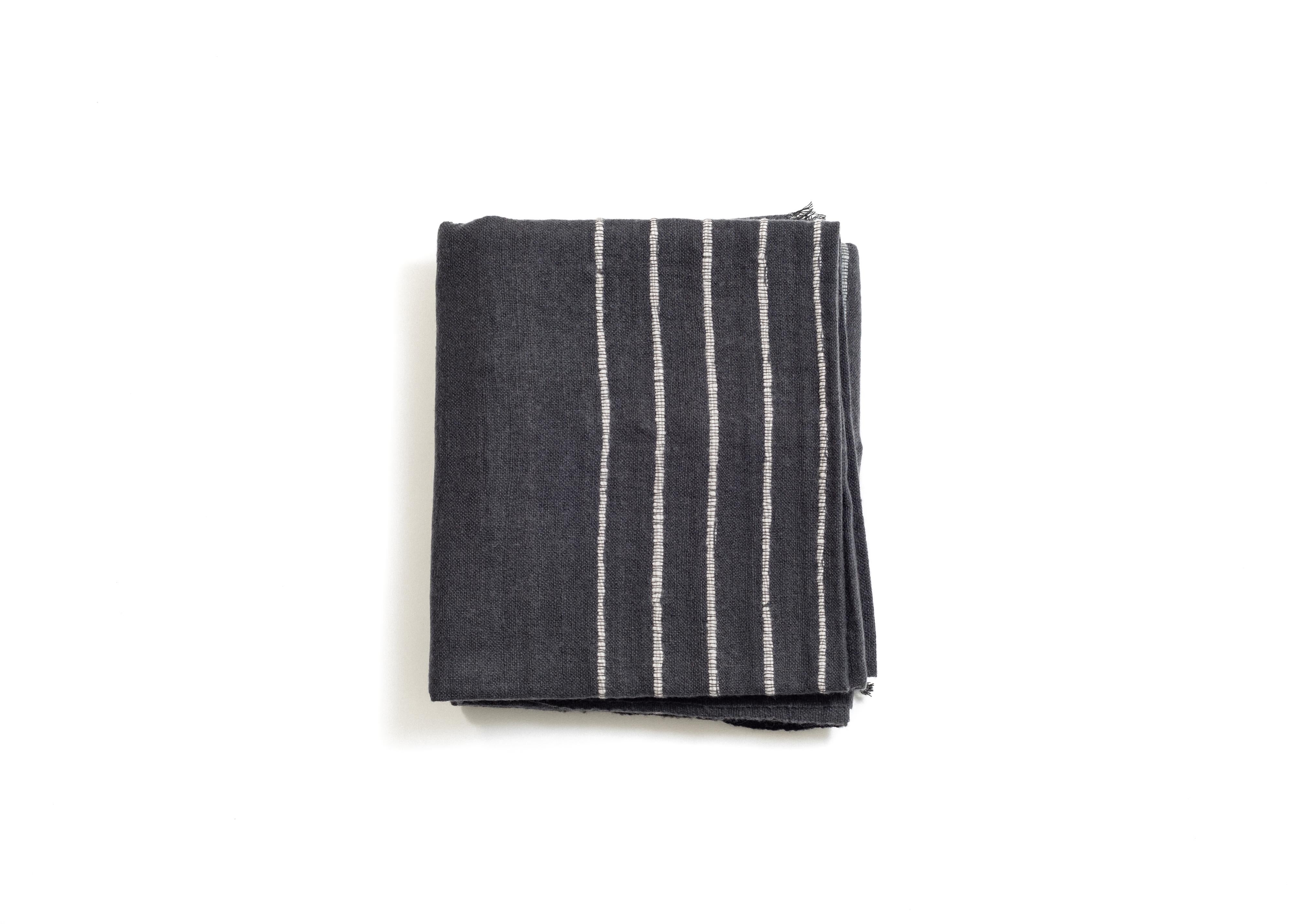 Hand-Woven  Alei Handloom Throw / Blanket In Charcoal Black , Stripes Pattern  For Sale