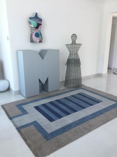 Rug Water Garden - Modern Geometric Carpet Handloom Blue Brown Light Grey Wool