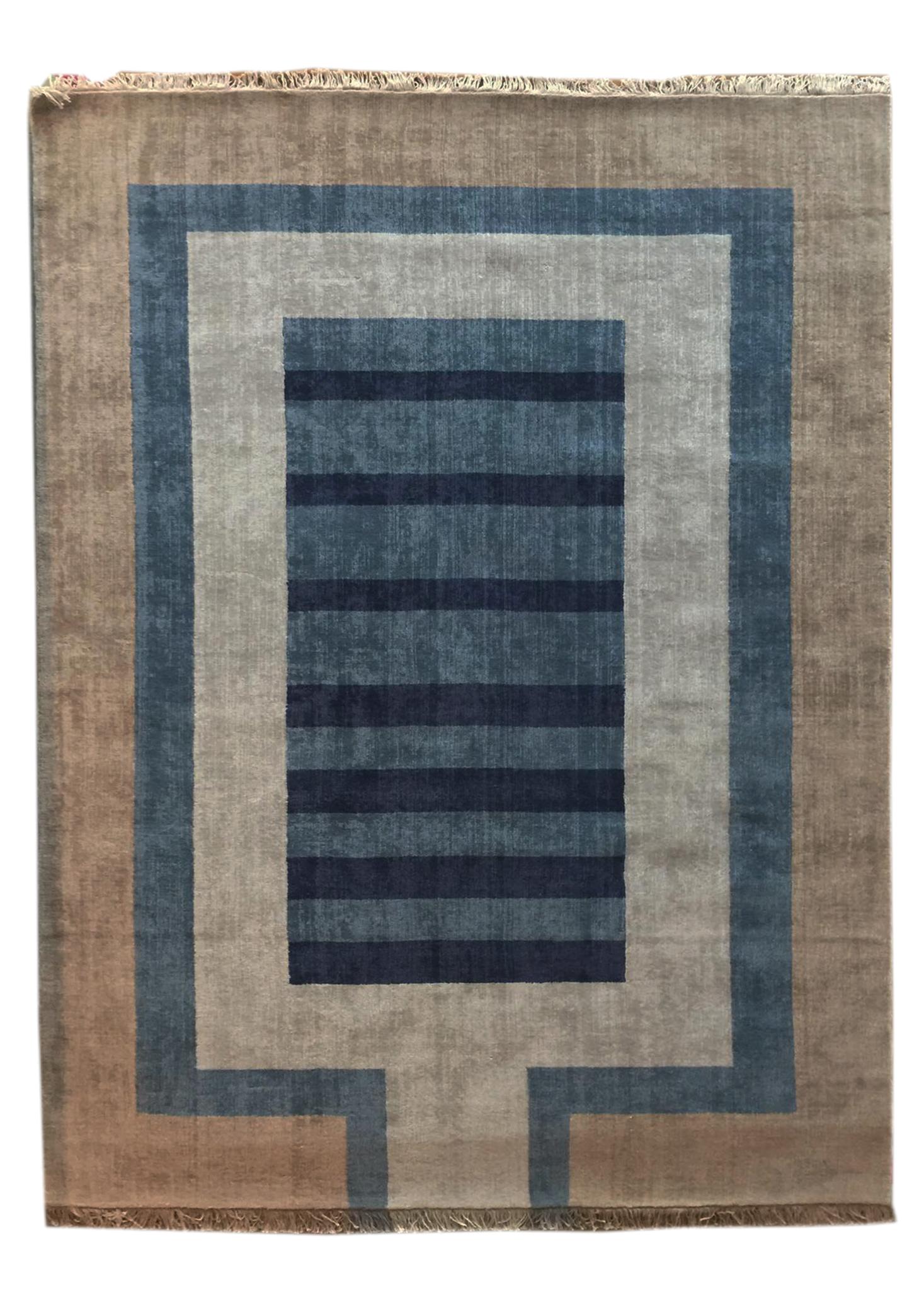 Indian Rug Water Garden - Modern Geometric Carpet Handloom Blue Brown Light Grey Wool   For Sale
