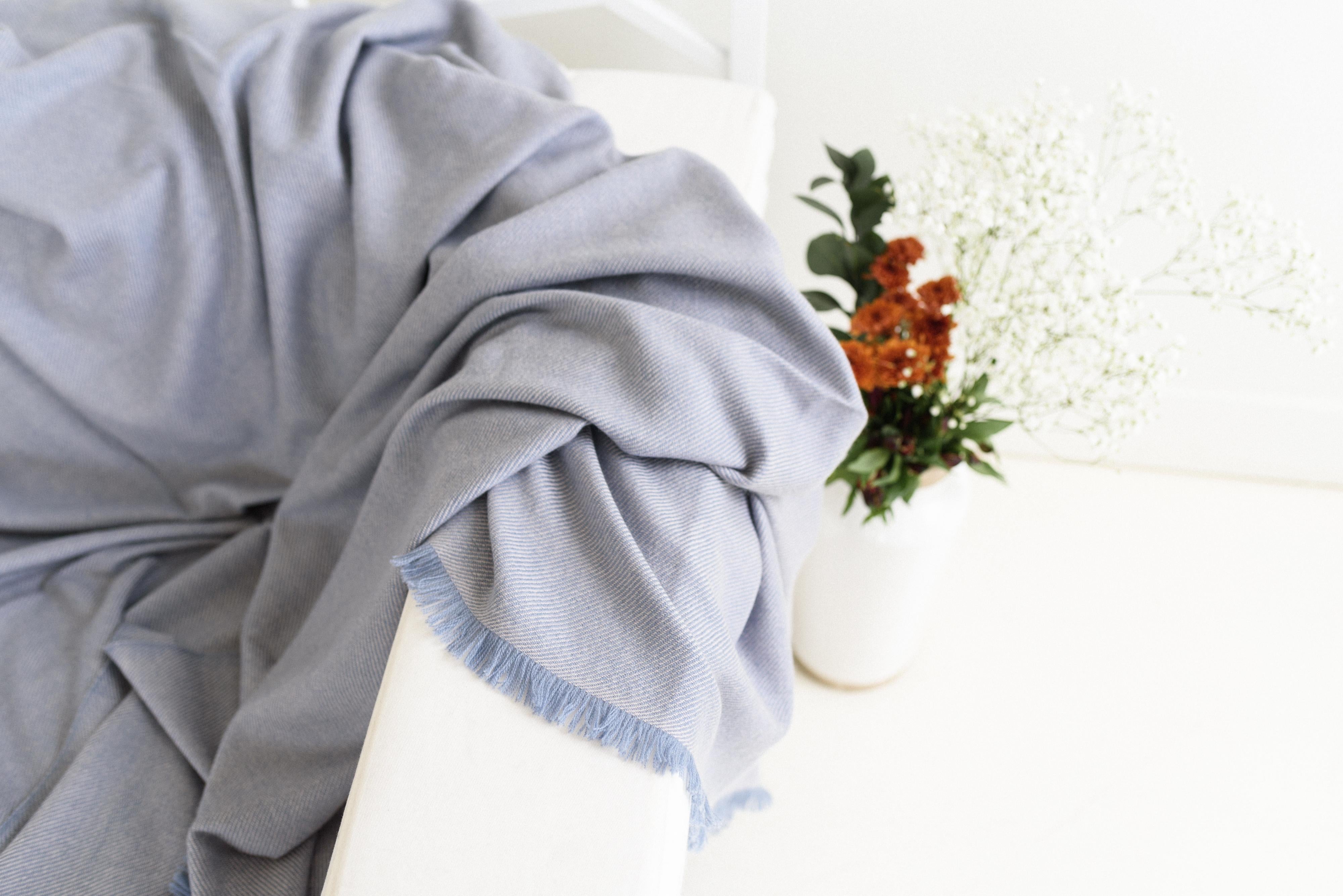 Yarn BORO Blue Shade Handloom Throw / Blanket In Pure Soft Merino Twill Weave For Sale