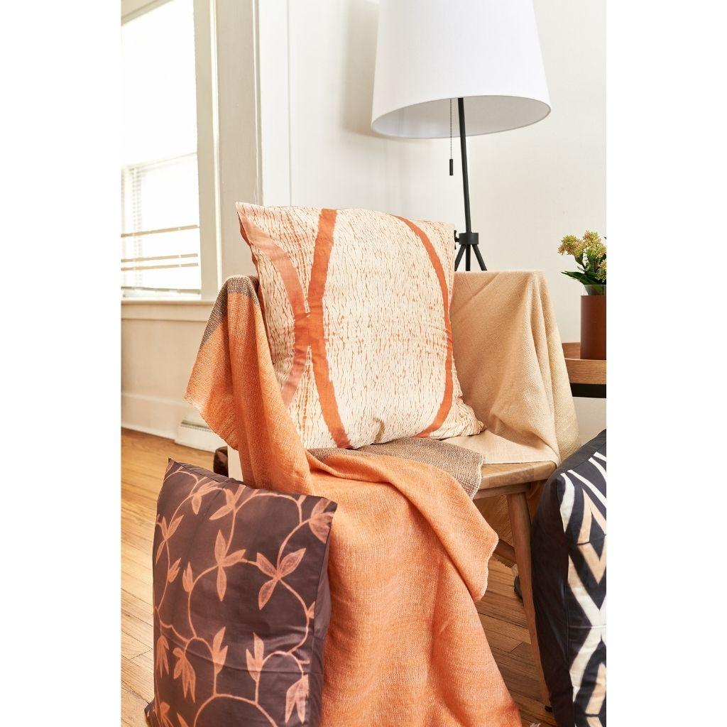 Hand-Woven Handloom Chestnut Color Block Merino Throw  In Shades Of Orange & Cream  For Sale