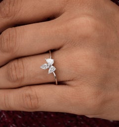 Handmade 0.5Ct SI/H Three Stone Diamond Floral Ring 18 Karat White Gold
