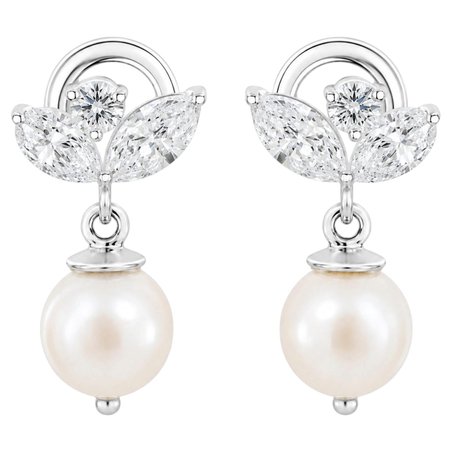 Orecchini pendenti a forma di fiore con diamanti da 0,82 carati e perla naturale, realizzati a mano in oro bianco 18 carati