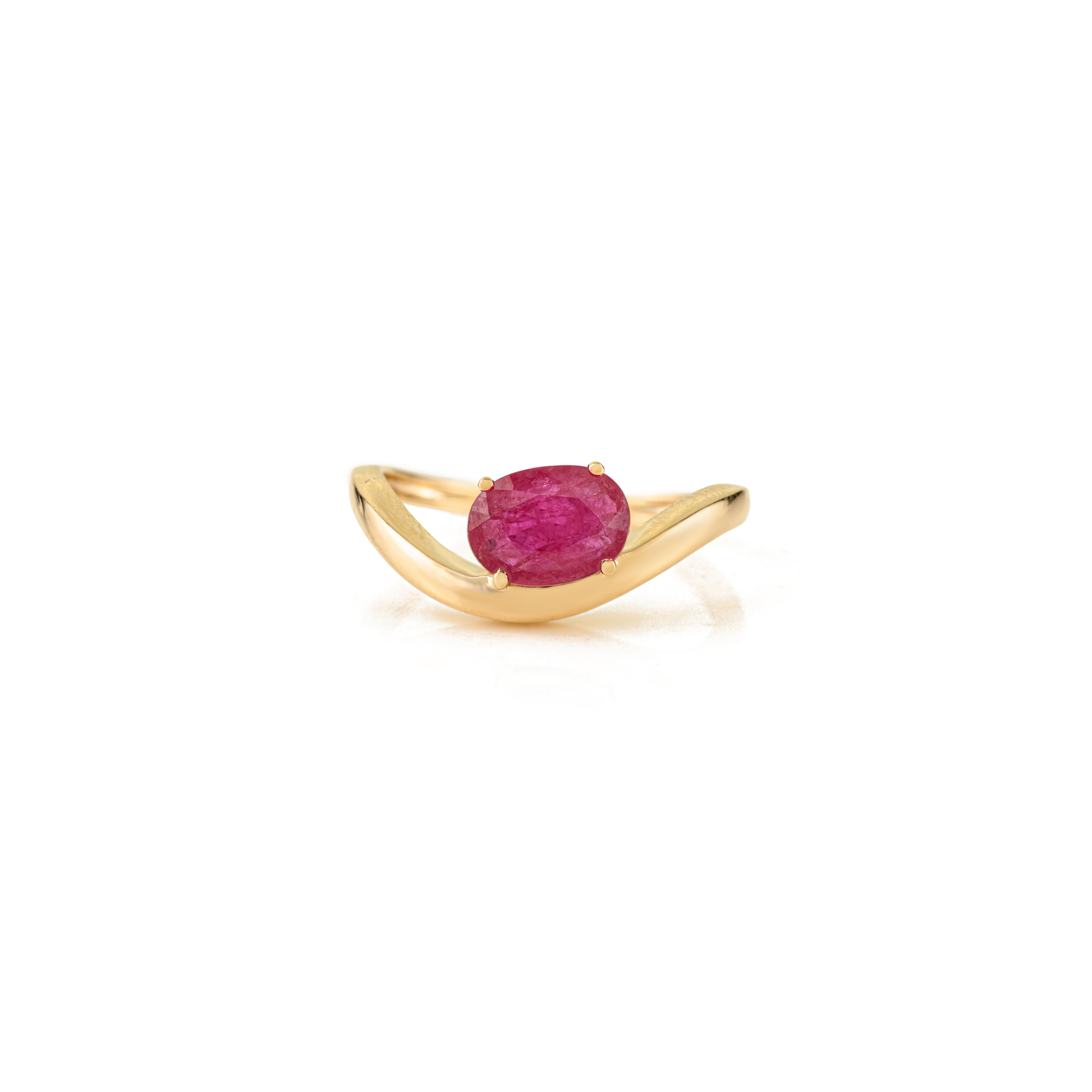 Im Angebot: Handgefertigter 1.14 Ct Oval Cut Natural Ruby Wave Solitaire Ring in 14K Weißgold () 3
