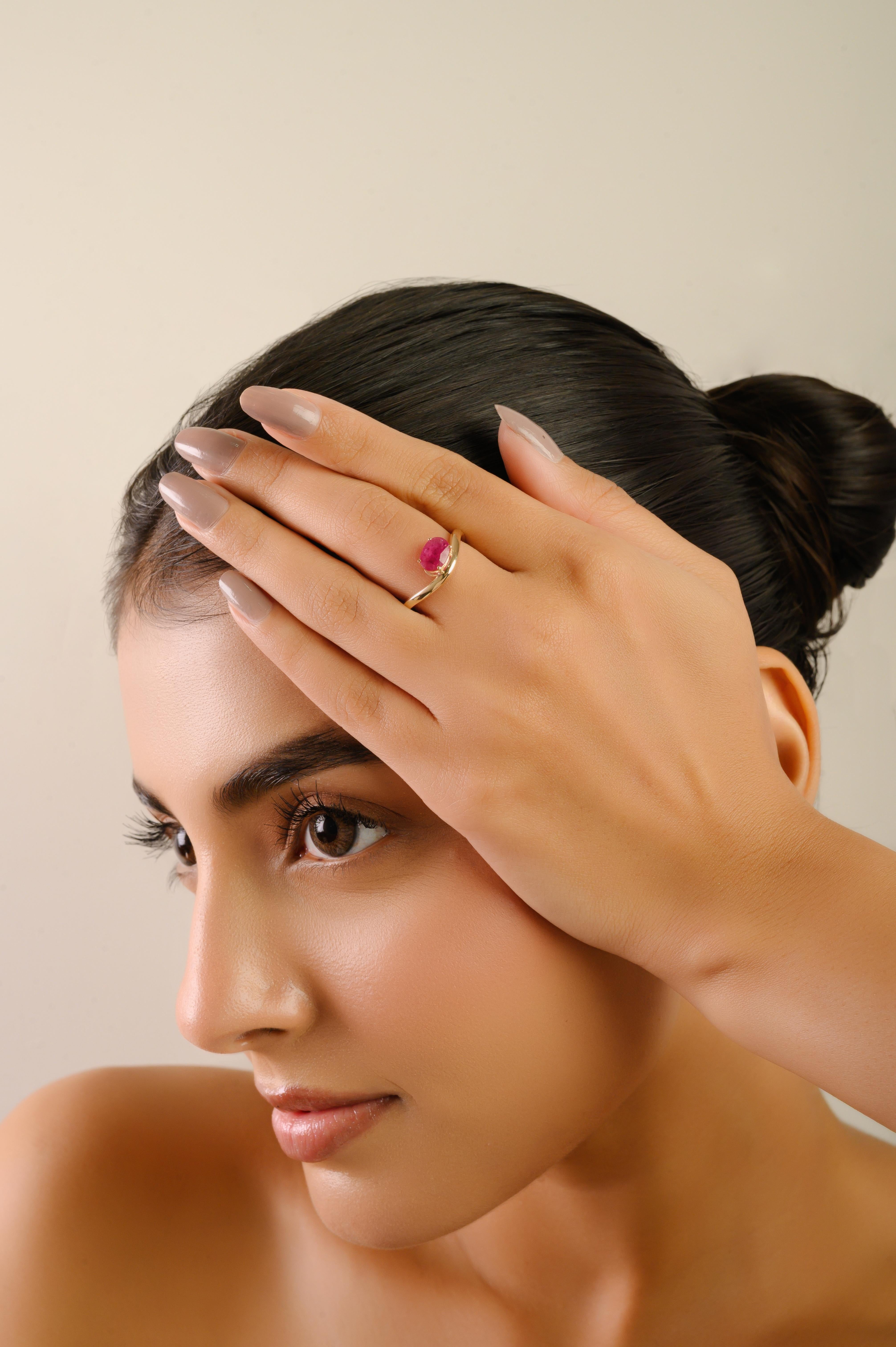 Im Angebot: Handgefertigter 1.14 Ct Oval Cut Natural Ruby Wave Solitaire Ring in 14K Weißgold () 4