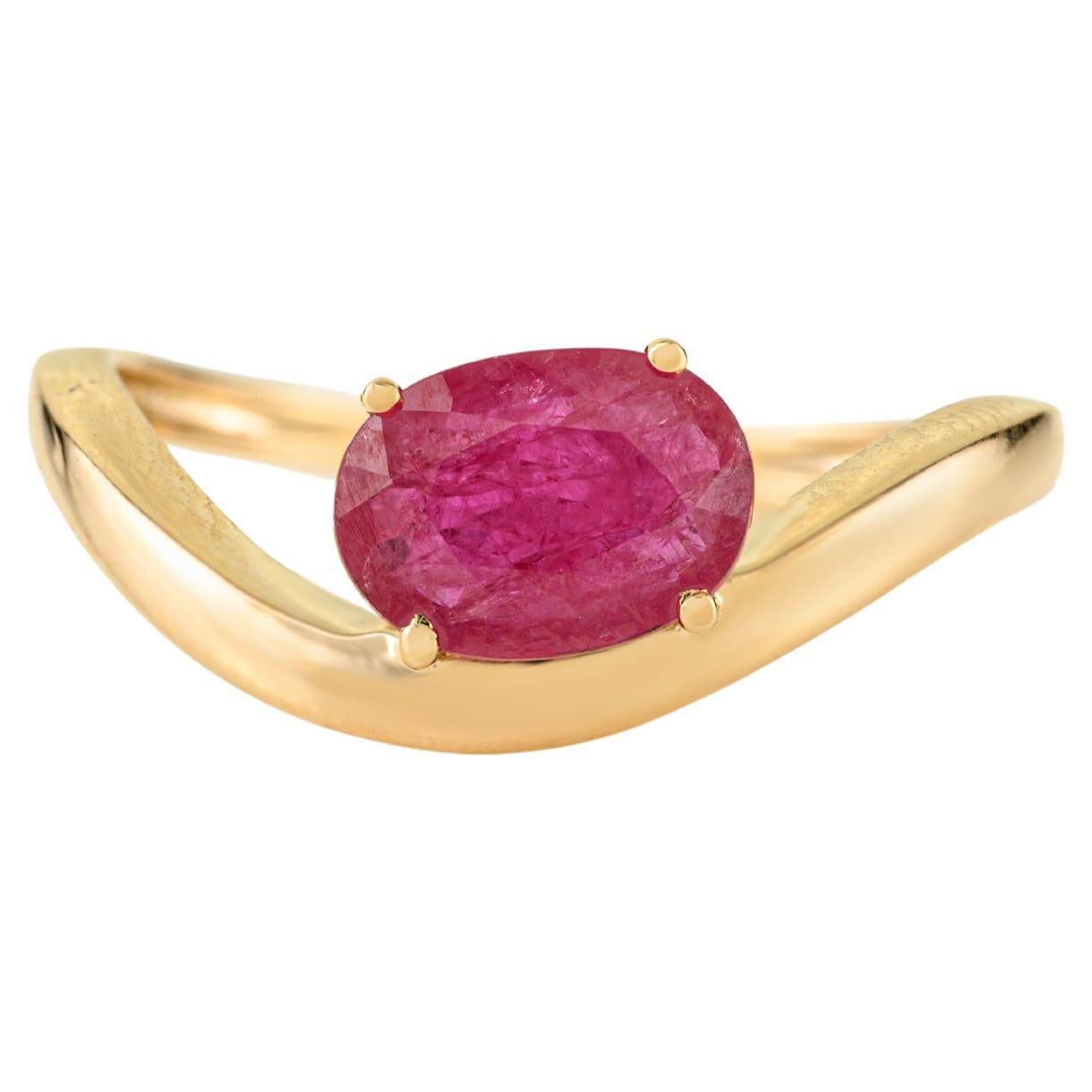 Anillo solitario de oro blanco de 14 quilates, hecho a mano, de 1,14 quilates, talla ovalada, de rubí natural ondulado