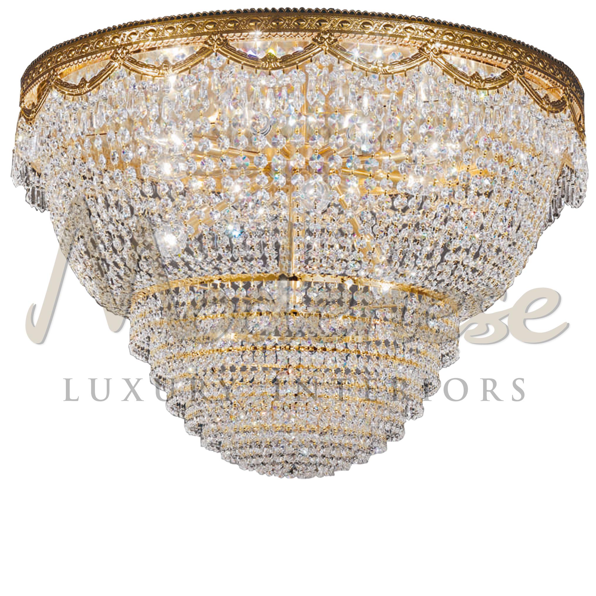 This Modenese Gastone Luxury Interiors ceiling lamp is famously associated with grand rooms, hallways and foyers for its rich 24kt gold plated structure and crystals, but they do in fact lend themselves to rooms of all sizes and uses. This model