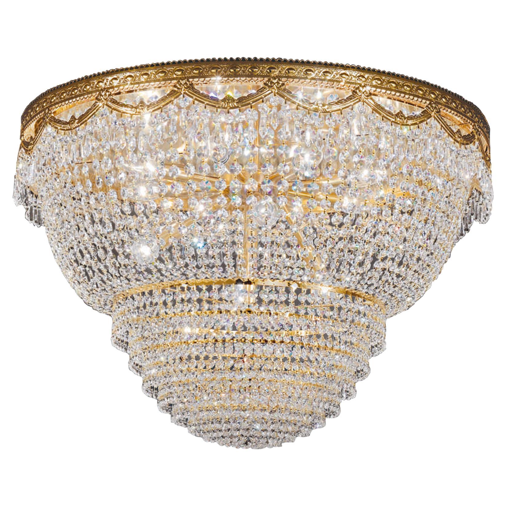 Handmade 12-Lights Venetian Ceiling Lamp in 24kt Gold Plate & Scholer Crystals For Sale