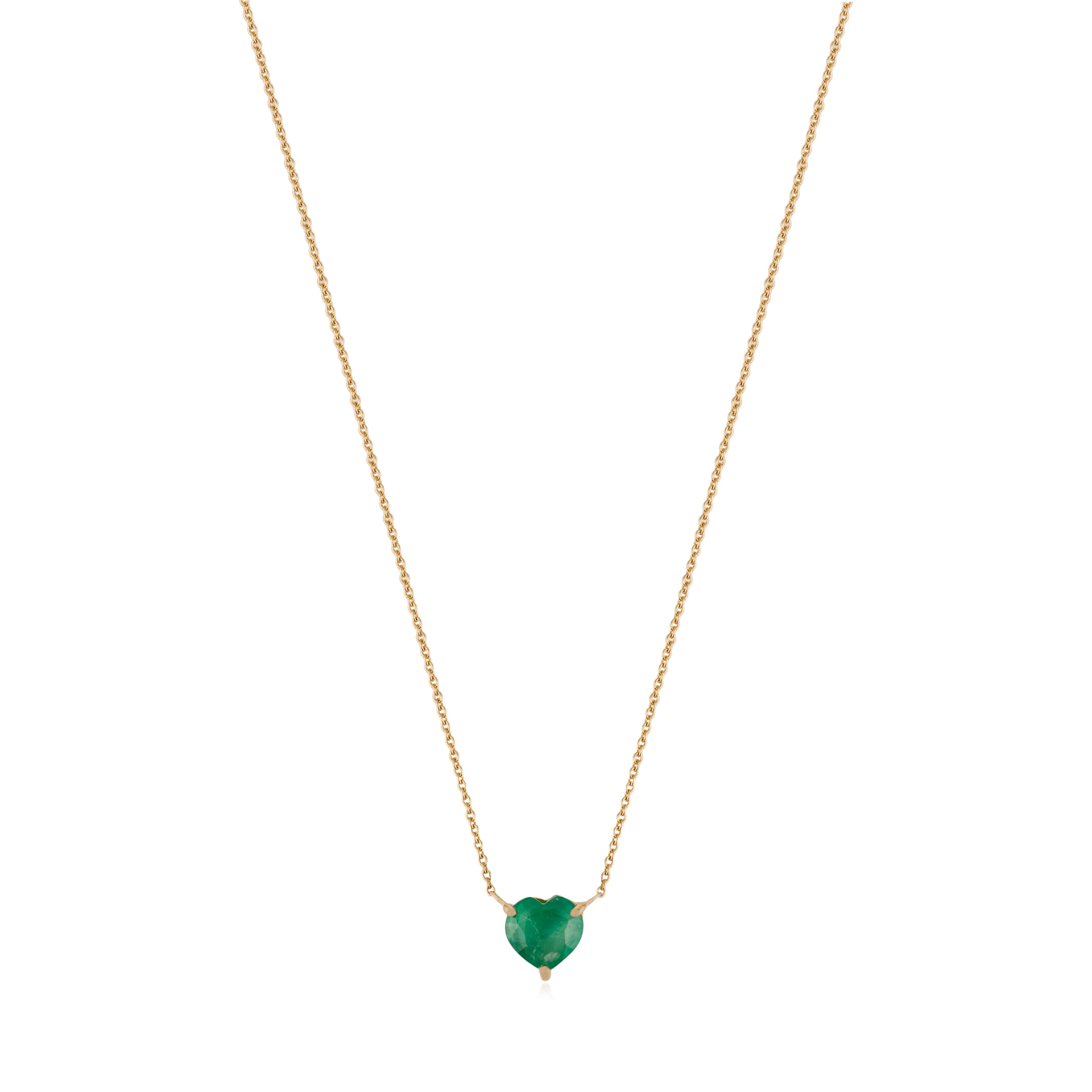 Modernist Handmade 1.25Ct Heart Cut Emerald Pendant Necklace for Her in 14k Yellow Gold For Sale