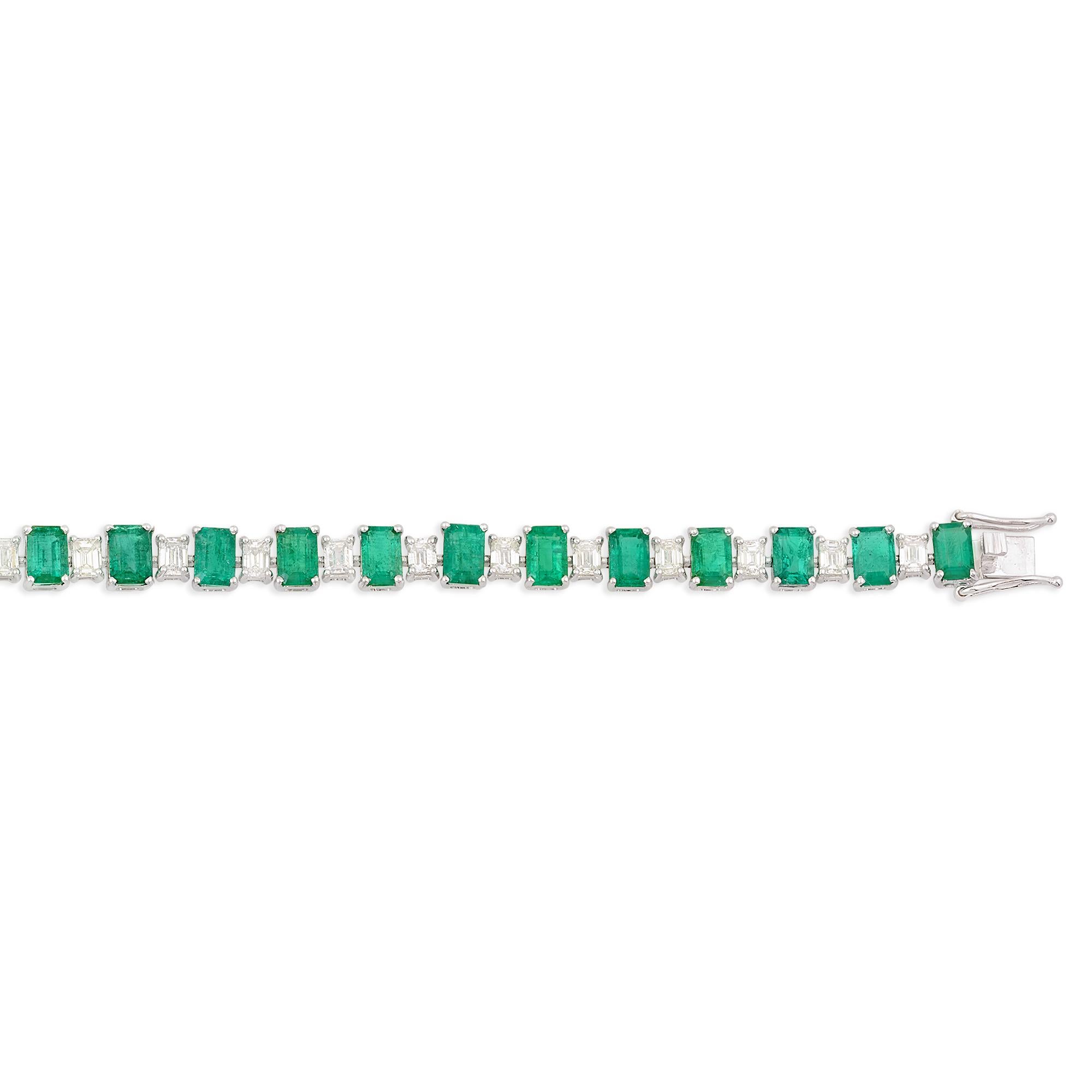 Emerald Cut Handmade 13.48Ct Zambian Emerald Diamond Tennis Bracelet 14 Karat White Gold For Sale