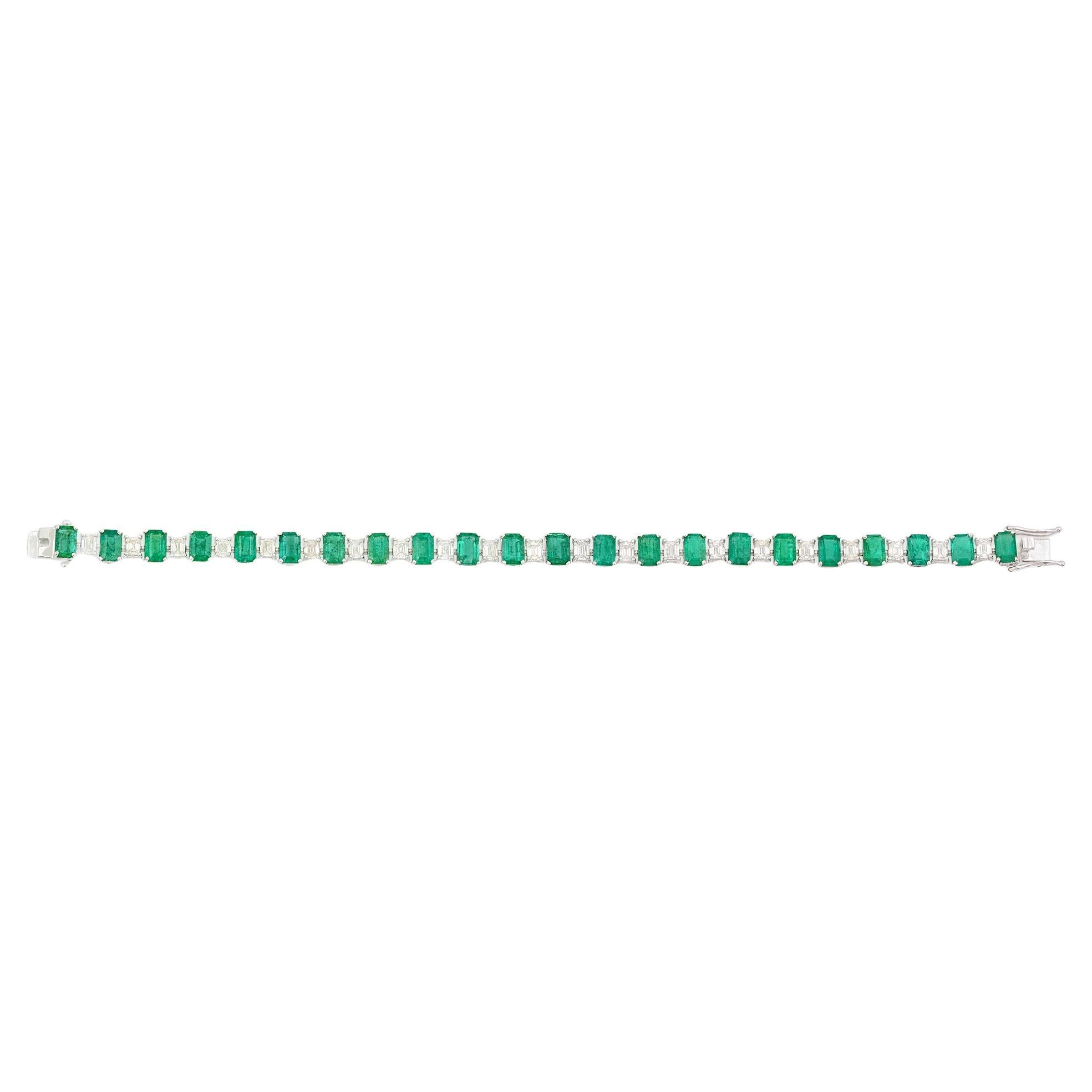 Handmade 13.48Ct Zambian Emerald Diamond Tennis Bracelet 18 Karat White Gold