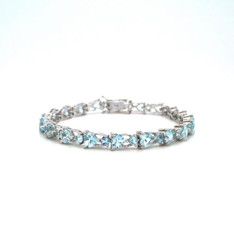 Mixed Cut Handmade 14 Ct Heart and Round Aquamarine Bracelet 925 Solid Silver For Sale