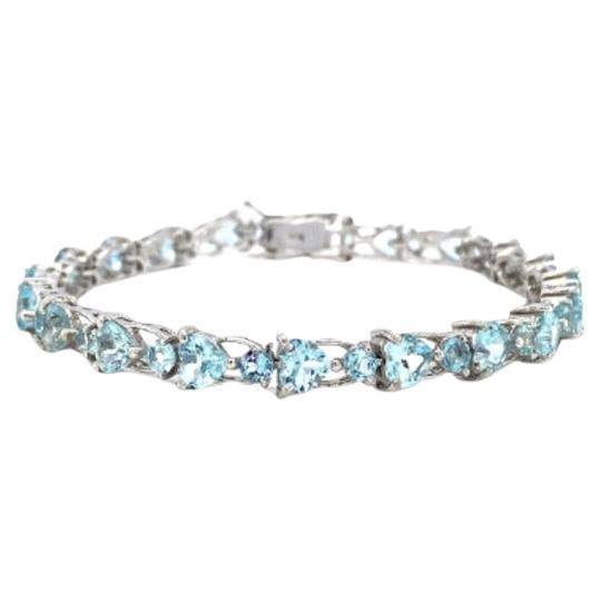 Handmade 14 Ct Heart and Round Aquamarine Bracelet 925 Solid Silver For Sale