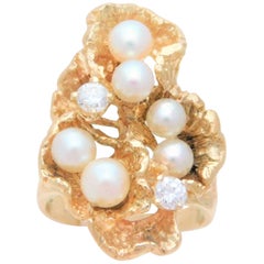 Vintage Handmade 14 Karat Diamond and Pearl “Oyster” Ring