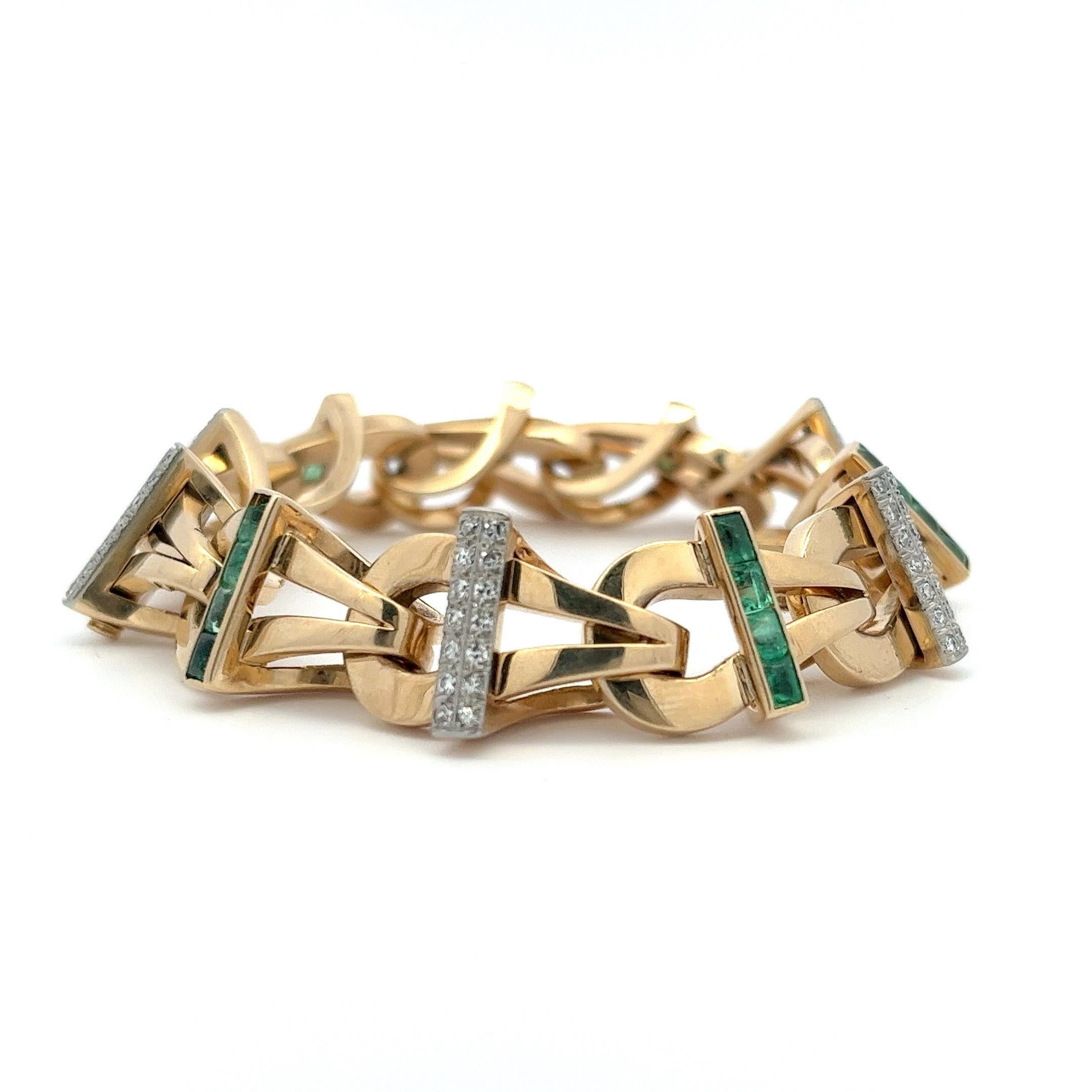 Intricately made with extreme precision - this 14 karat yellow gold fancy link bracelet is a symbol of invite beauty. 

This wearable sculpture is accented with 84 diamonds totaling 1 carat and 20 emeralds totaling 2 carat. Whats most special about