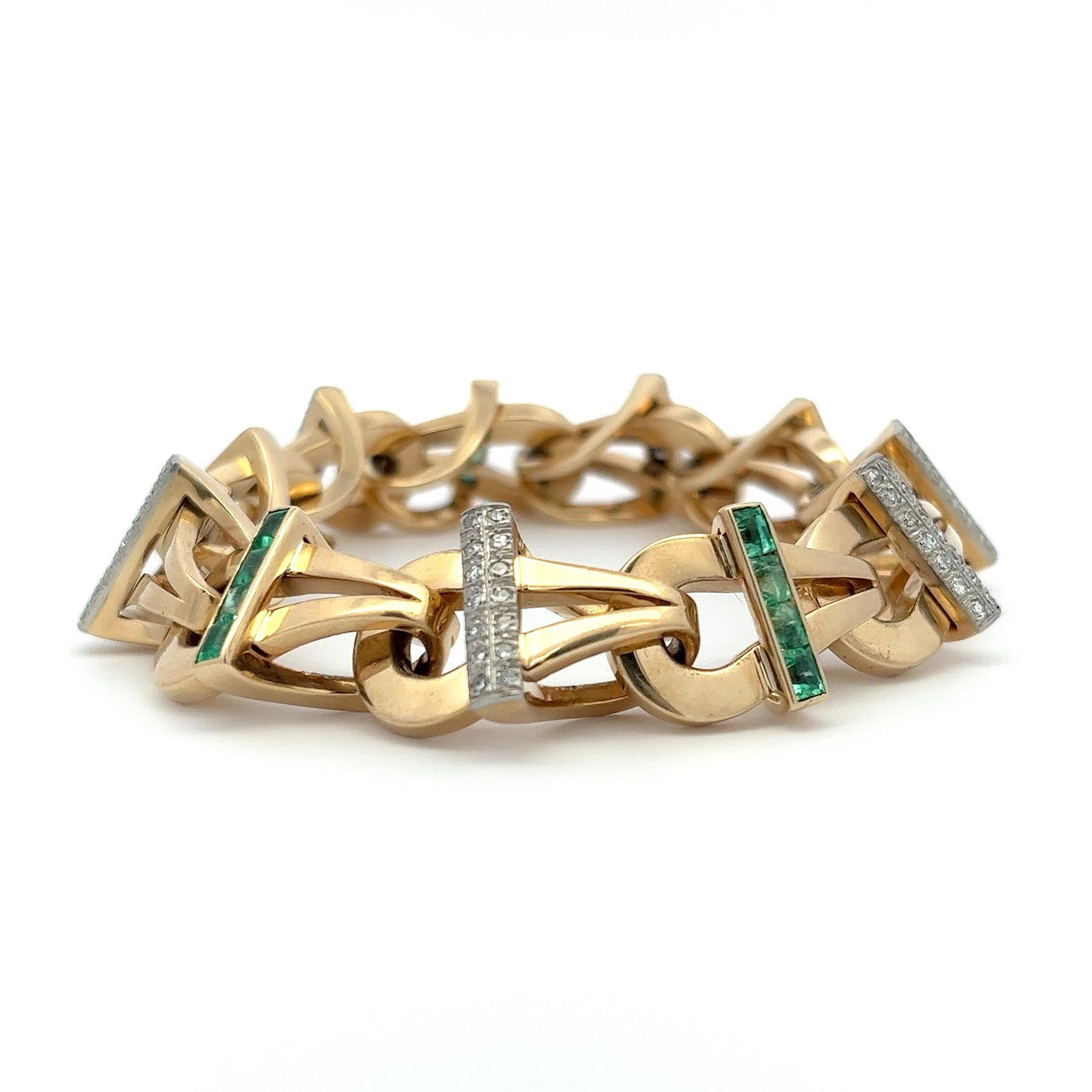 Modernist Handmade 14 Karat Yellow Gold Emerald and Diamond Fancy Link Bracelet 