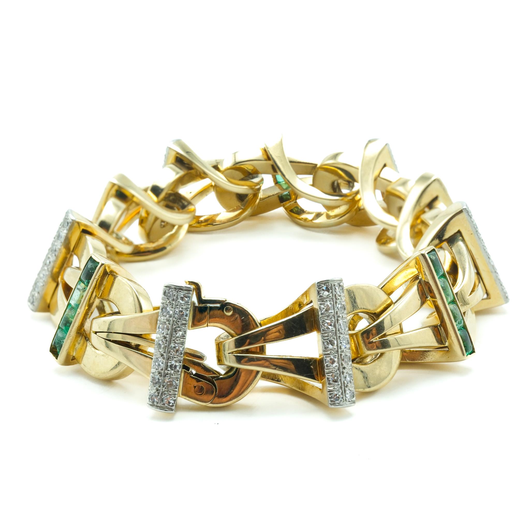Emerald Cut Modernist 14 Karat Yellow Gold Emerald and Diamond Fancy Link Bracelet  For Sale