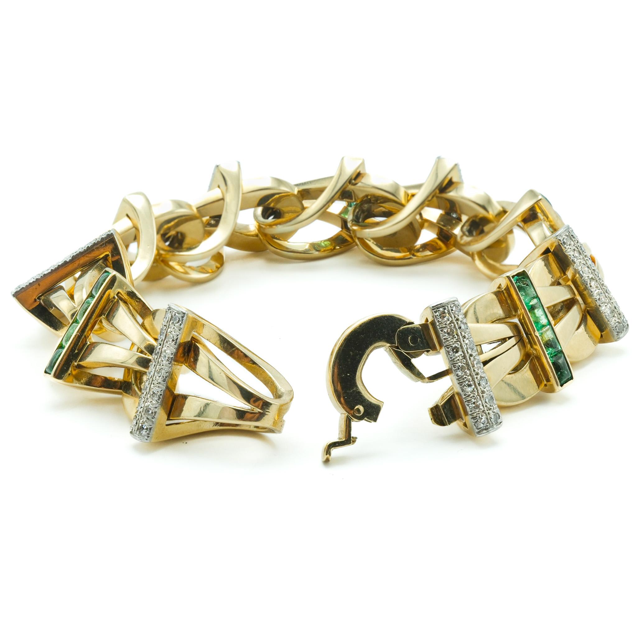 Modernist 14 Karat Yellow Gold Emerald and Diamond Fancy Link Bracelet  In Good Condition For Sale In Fairfield, CT