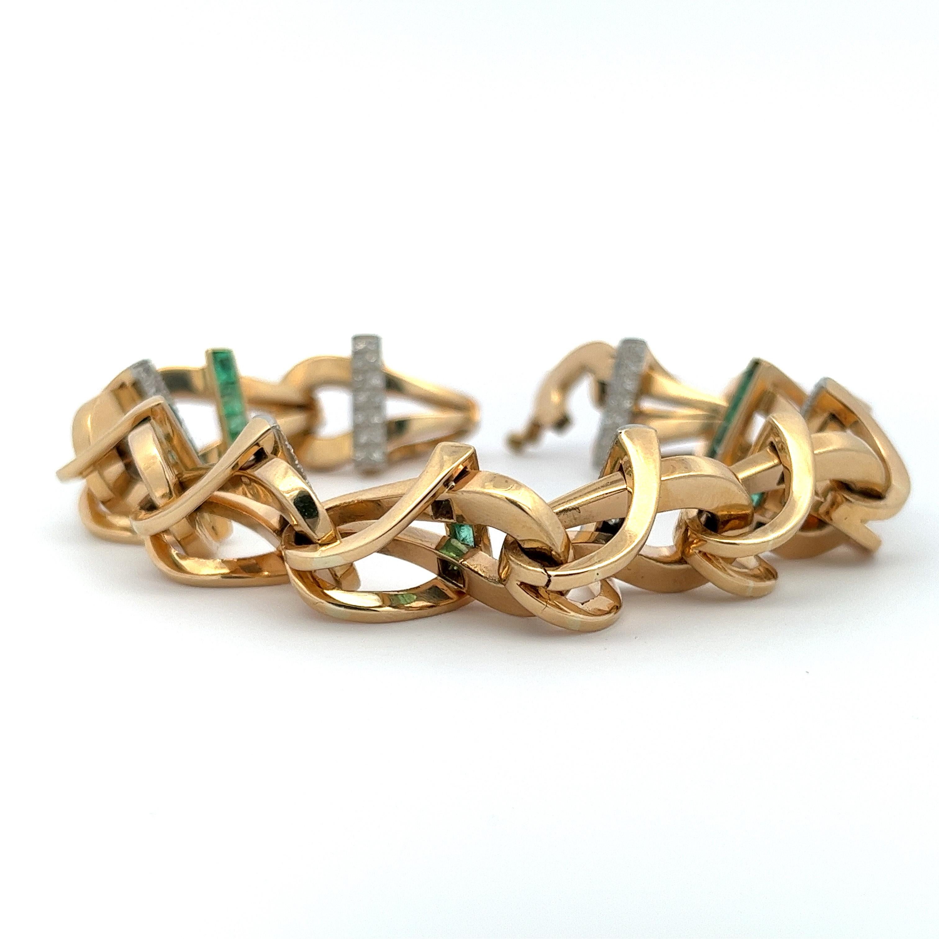 Handmade 14 Karat Yellow Gold Emerald and Diamond Fancy Link Bracelet  In Fair Condition In Fairfield, CT