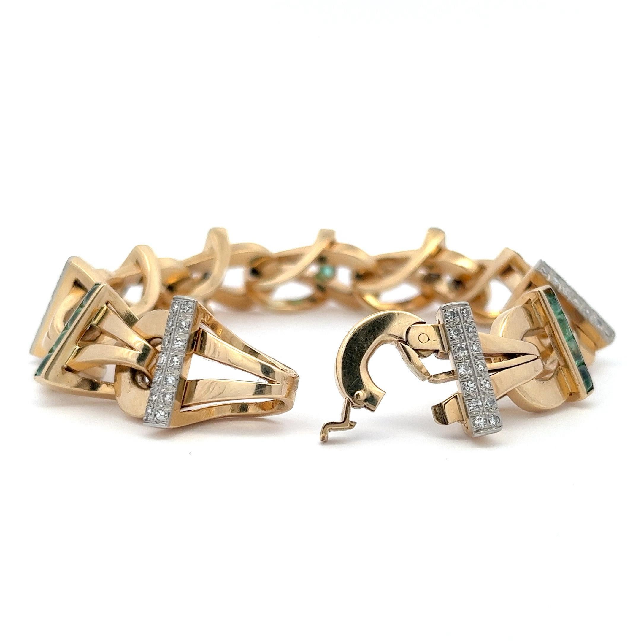 Women's Handmade 14 Karat Yellow Gold Emerald and Diamond Fancy Link Bracelet 