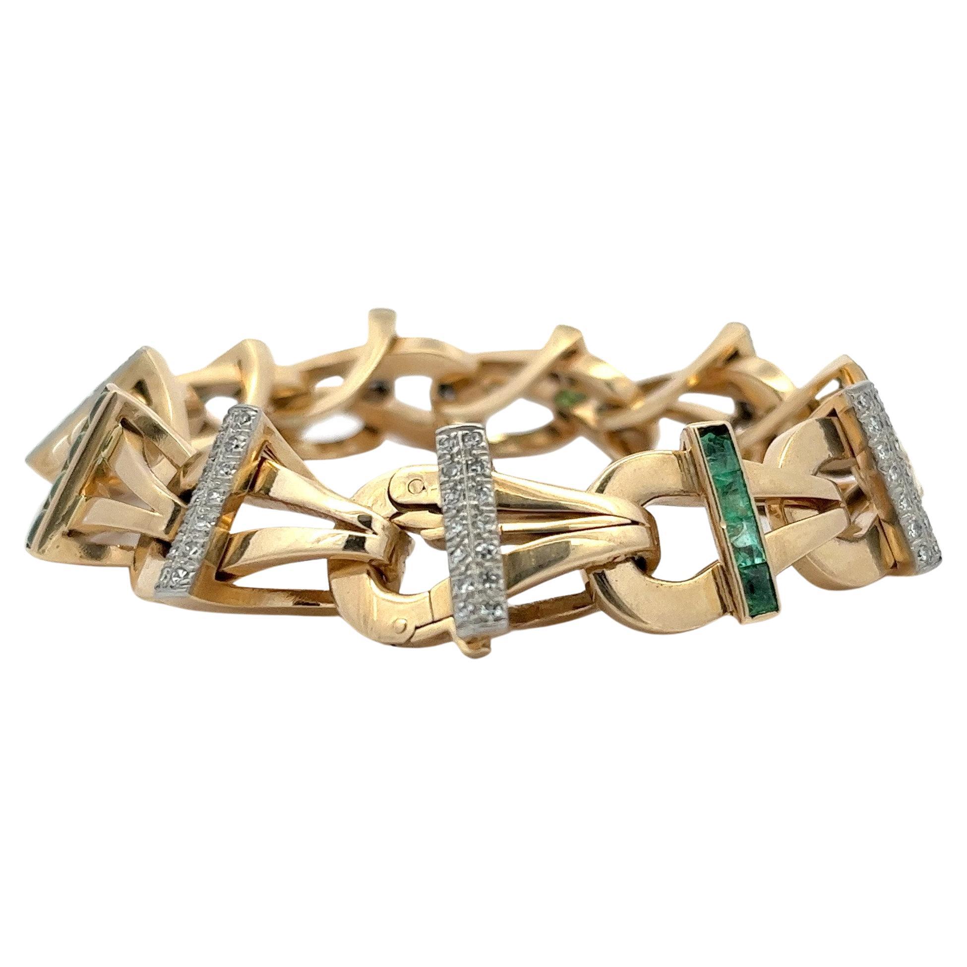 Handmade 14 Karat Yellow Gold Emerald and Diamond Fancy Link Bracelet 