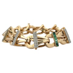 Handmade 14 Karat Yellow Gold Emerald and Diamond Fancy Link Bracelet 