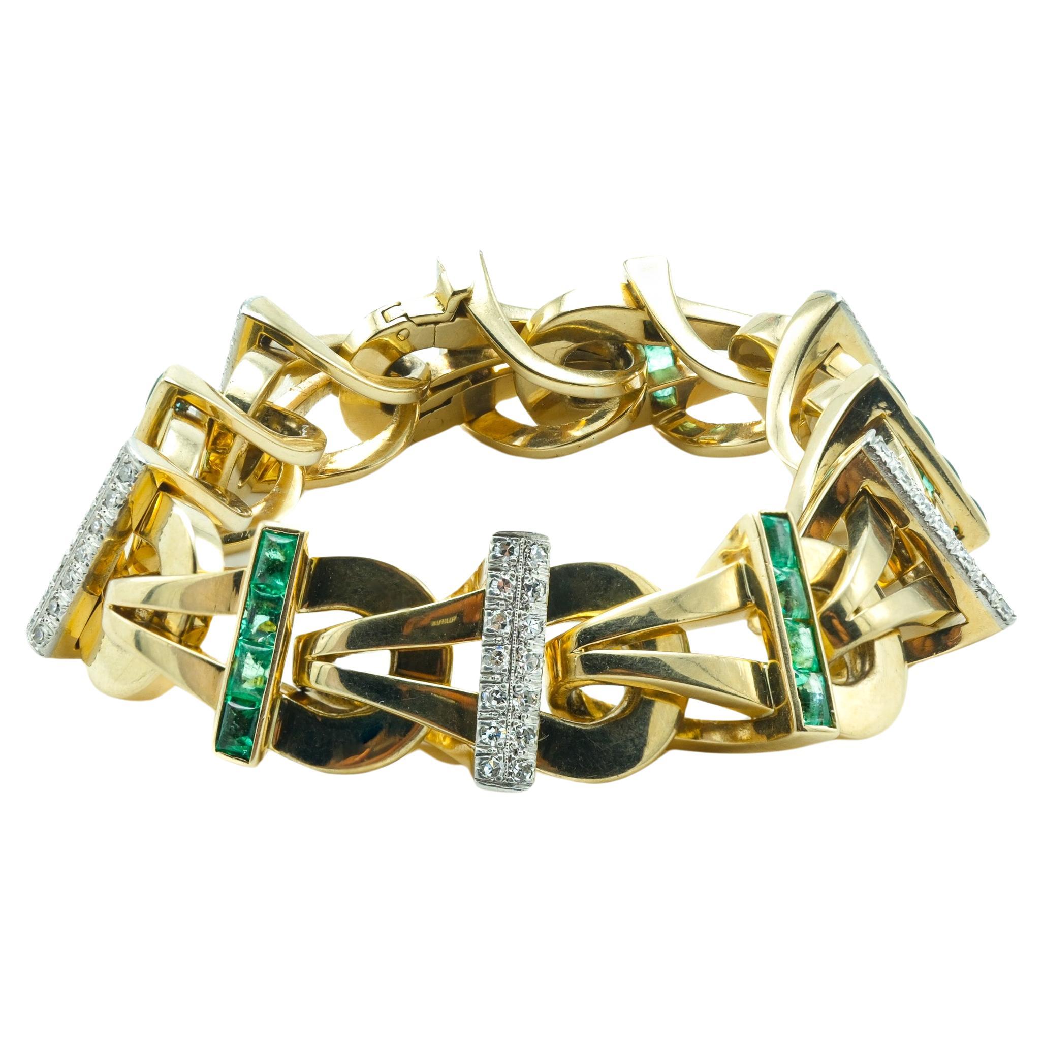 Modernist 14 Karat Yellow Gold Emerald and Diamond Fancy Link Bracelet  For Sale