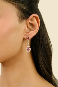 Handgefertigte 1.4Ct Rubin & Diamant Tropfen Ohrringe in 18k Gelbgold Schmuck