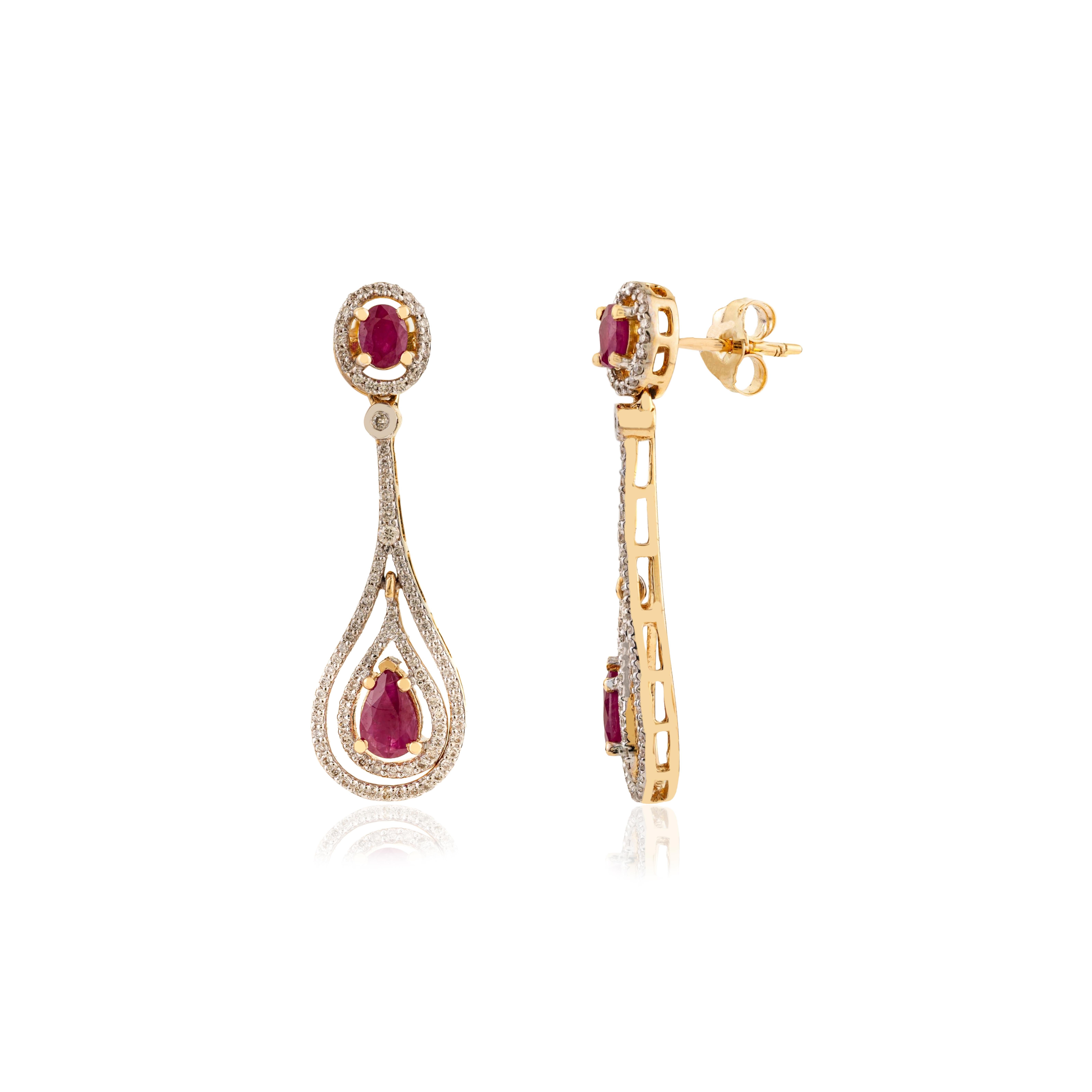 Handmade 1.4Ct Ruby 
Diamond Dangle Drop Earrings in 18k Yellow Gold Jewelry