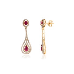 Handmade 1.4Ct Ruby 
Diamond Dangle Drop Earrings in 18k Yellow Gold Jewelry