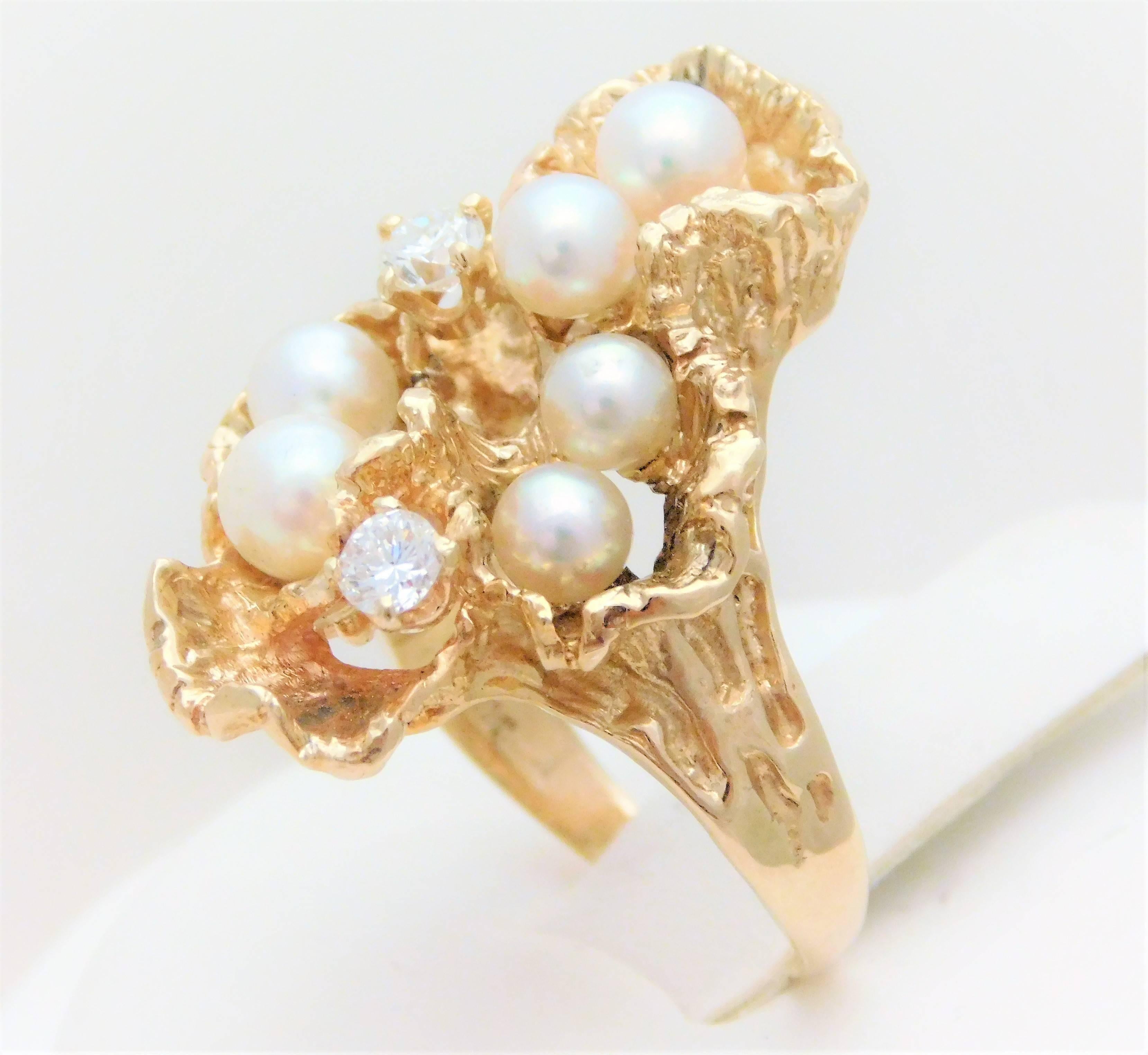 Handmade 14 Karat Diamond and Pearl “Oyster” Ring For Sale 3