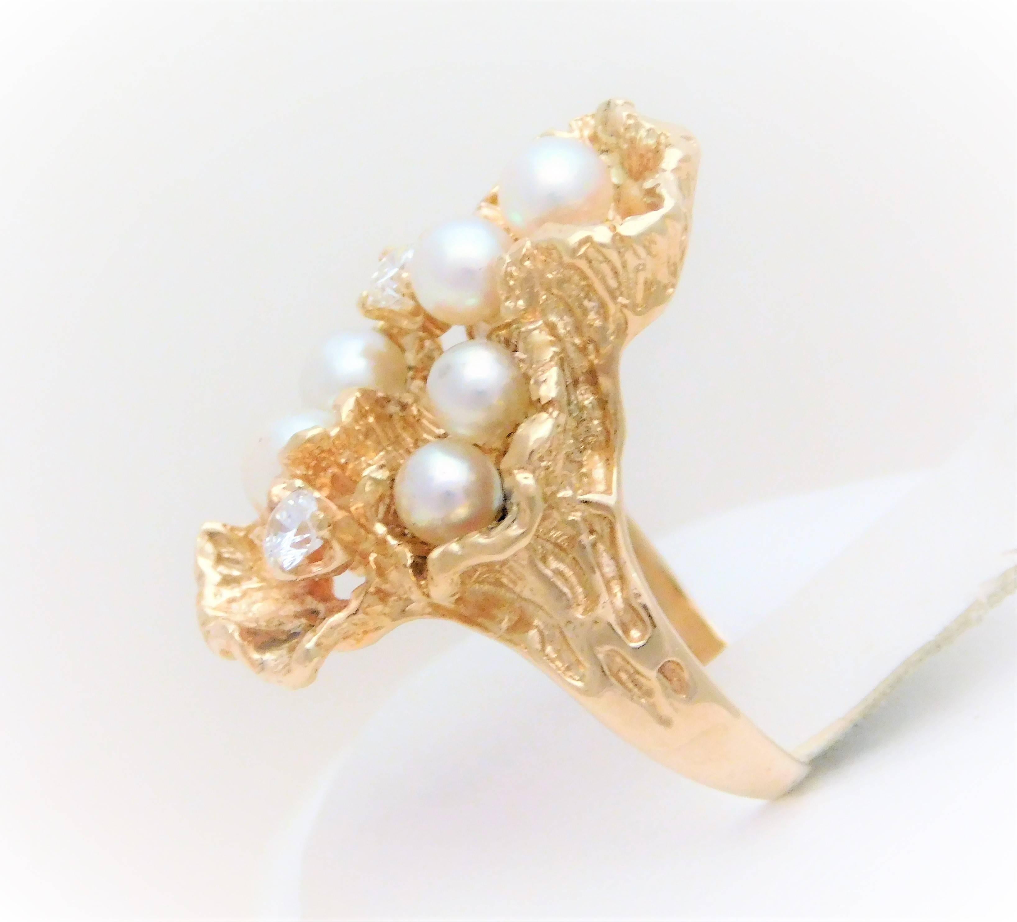 Artisan Handmade 14 Karat Diamond and Pearl “Oyster” Ring For Sale