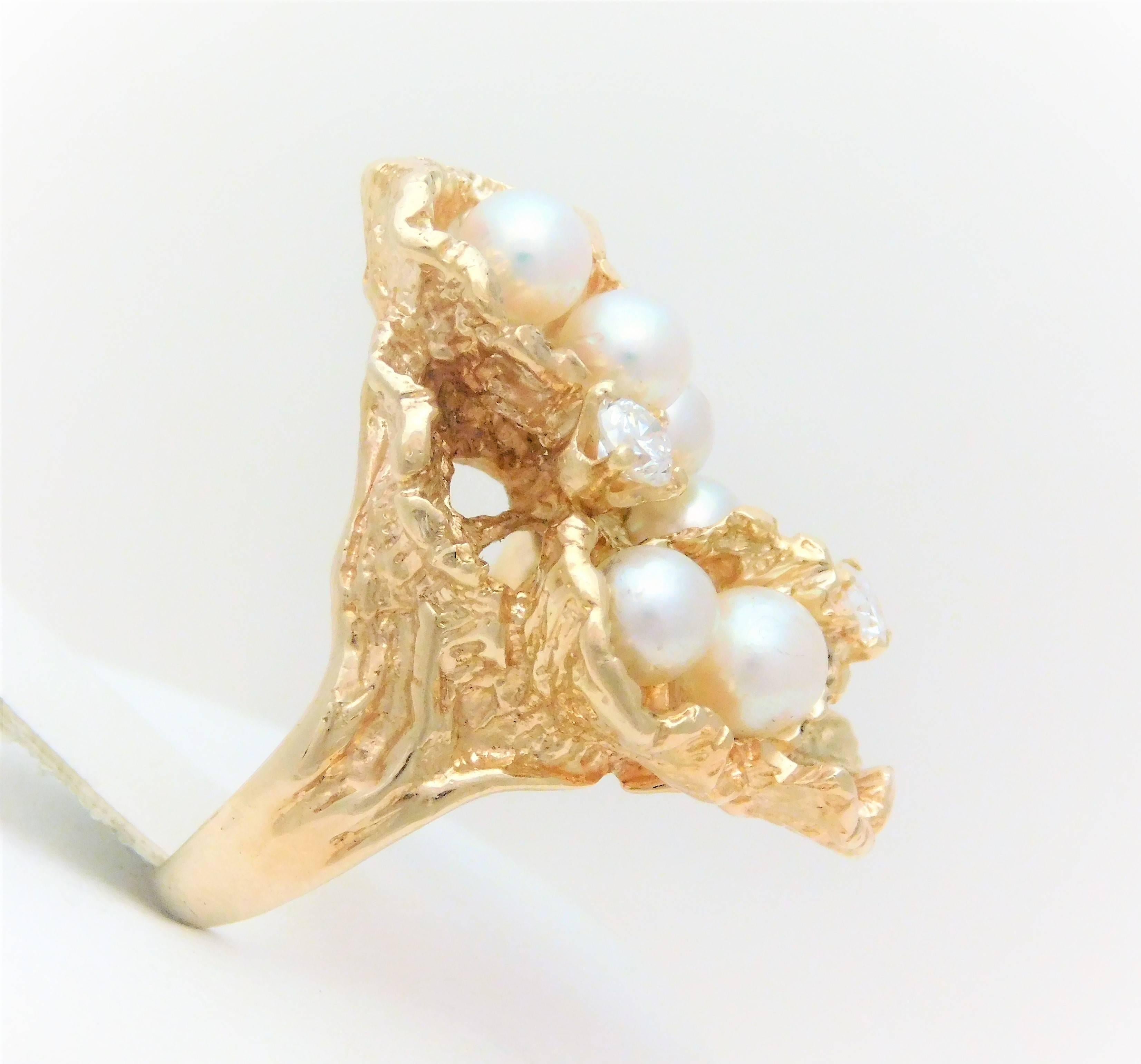 Round Cut Handmade 14 Karat Diamond and Pearl “Oyster” Ring For Sale
