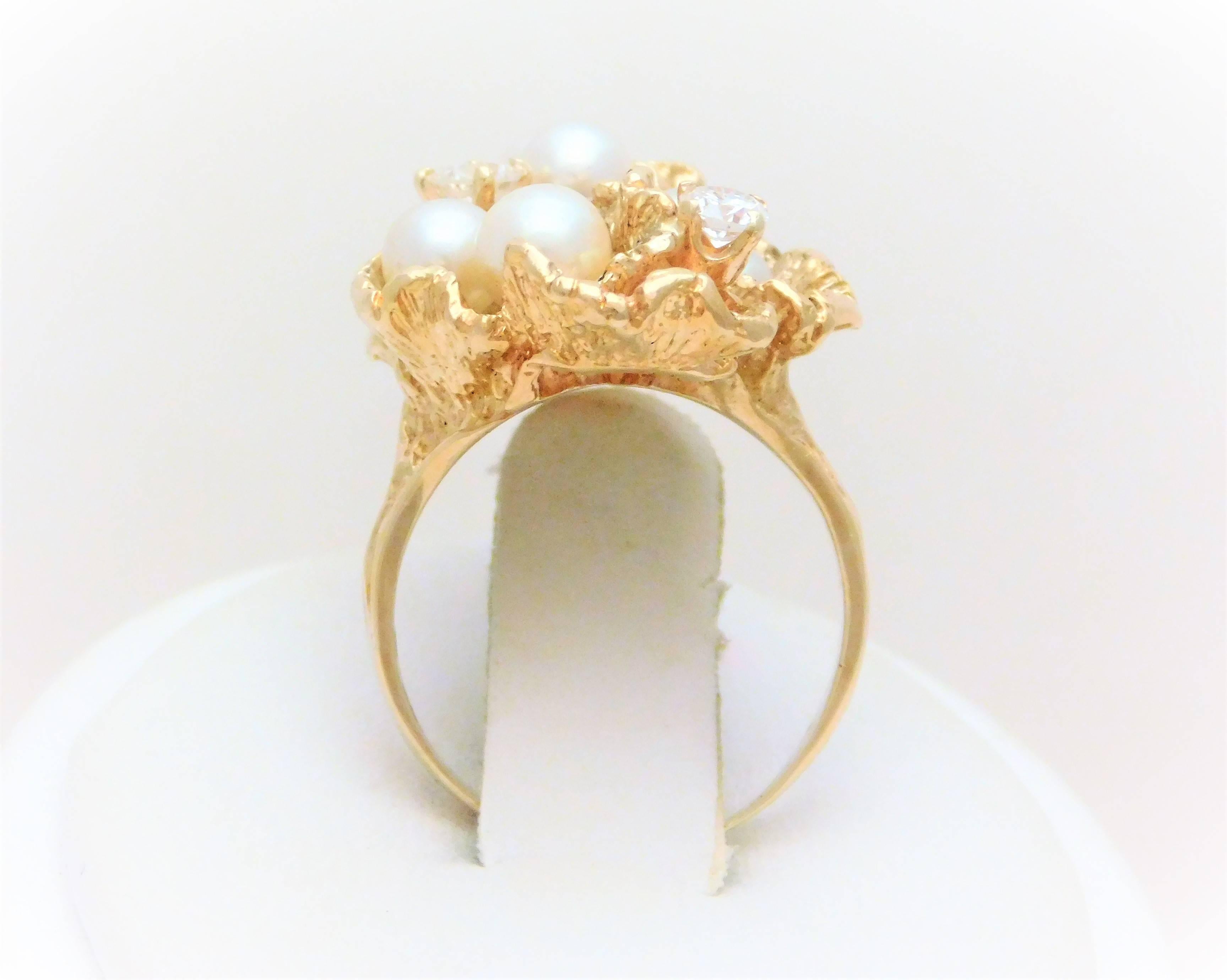 Handmade 14 Karat Diamond and Pearl “Oyster” Ring In Excellent Condition For Sale In Metairie, LA