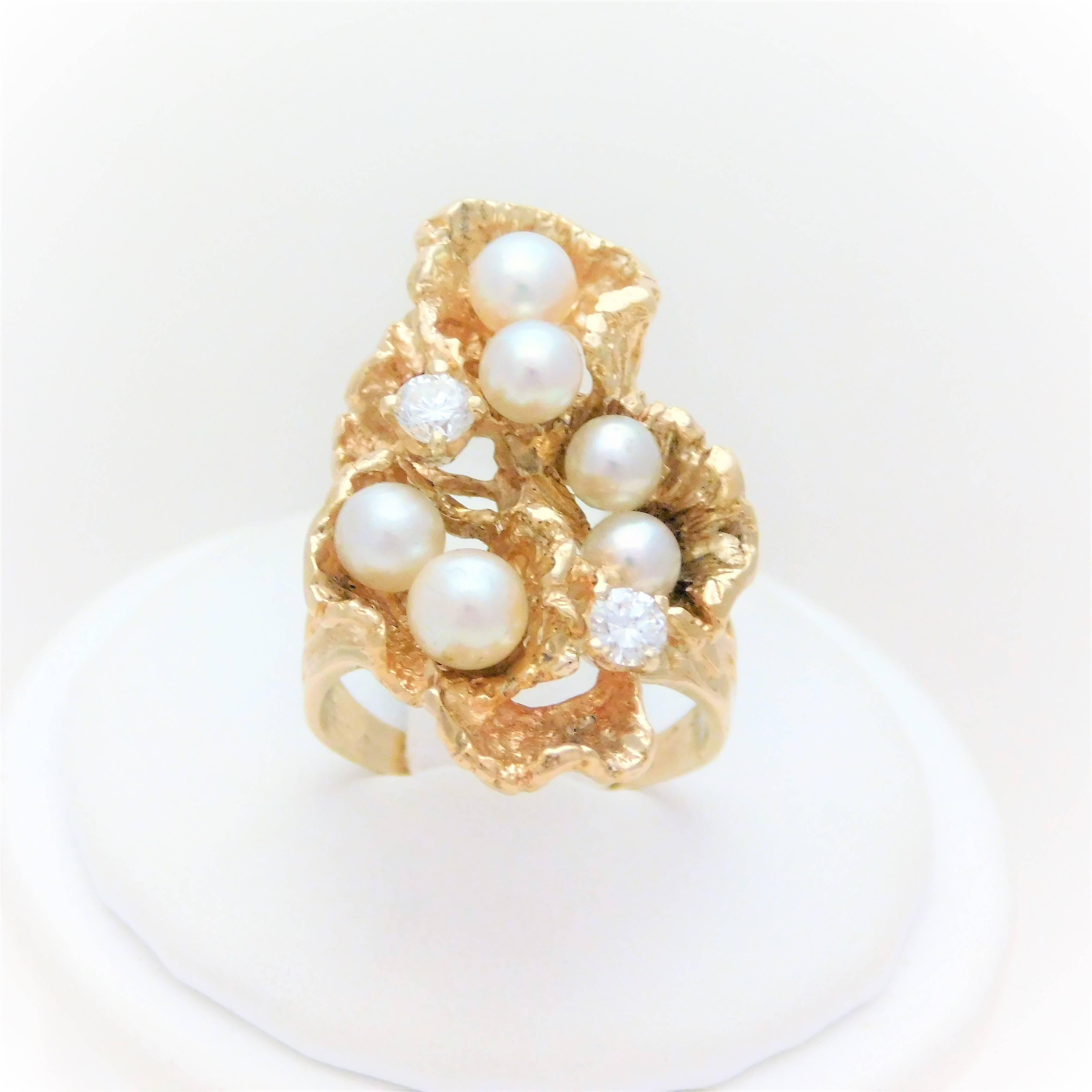 Women's Handmade 14 Karat Diamond and Pearl “Oyster” Ring For Sale