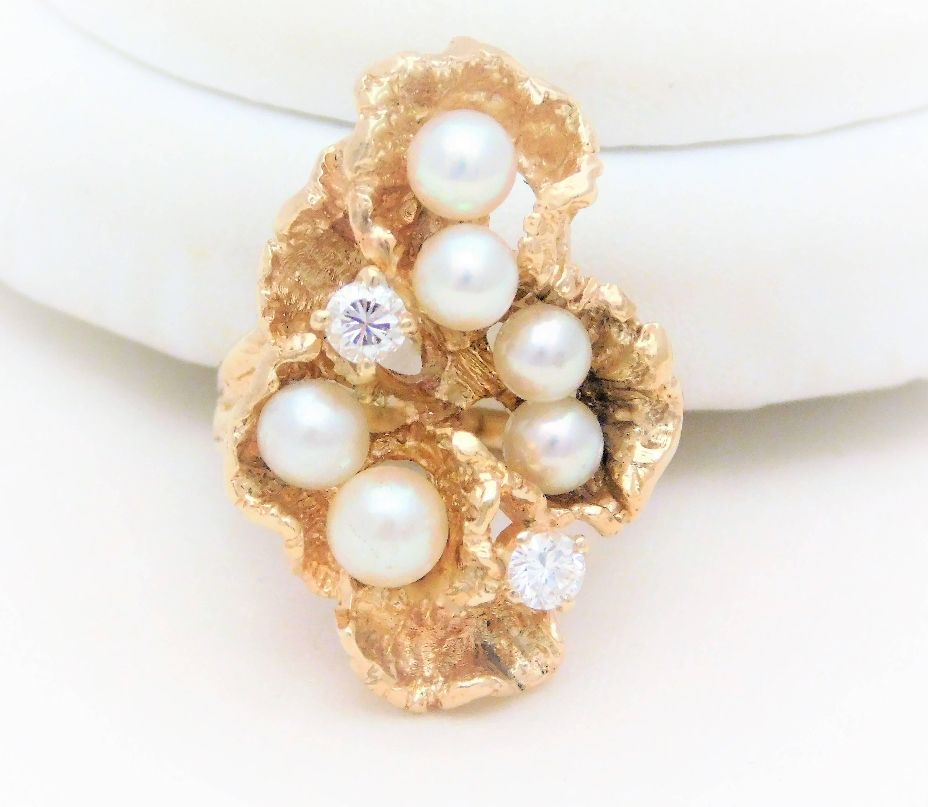 Handmade 14 Karat Diamond and Pearl “Oyster” Ring For Sale 1