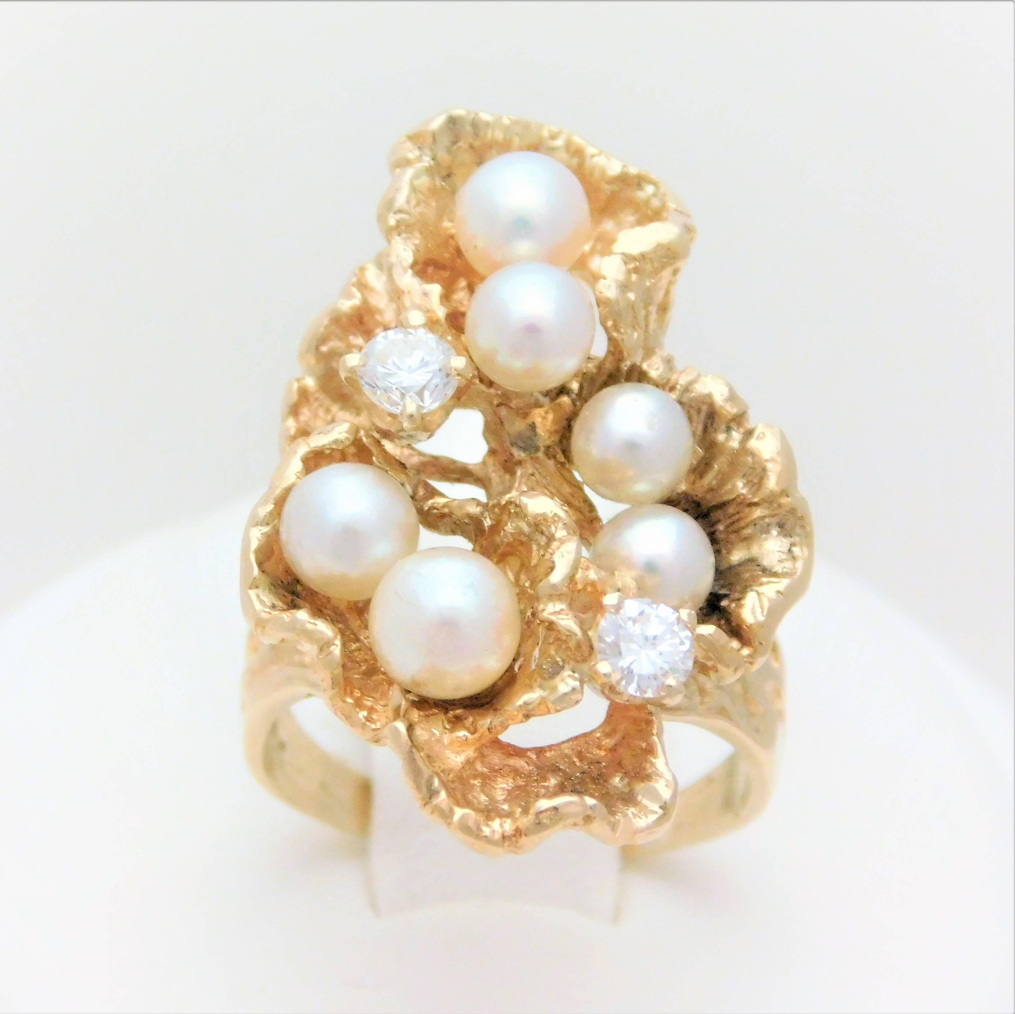 Handmade 14 Karat Diamond and Pearl “Oyster” Ring For Sale 2