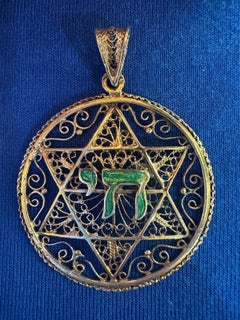 Handmade 14K Gold Filigree Star of David Pendant with Green Enamel Chai Symbol