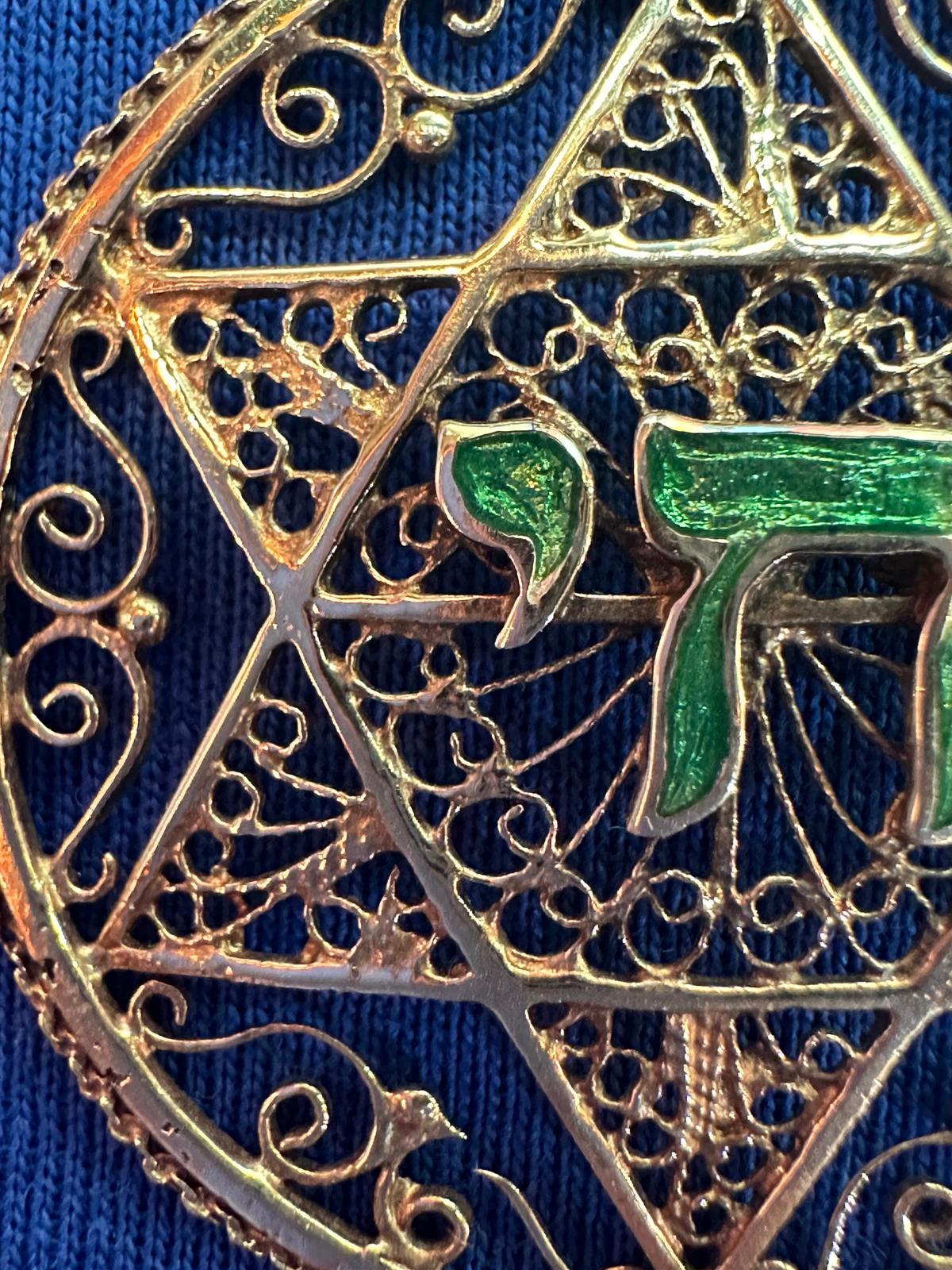 Hand-Crafted Handmade 14K Gold Filigree Star of David Pendant with Green Enamel Chai Symbol For Sale