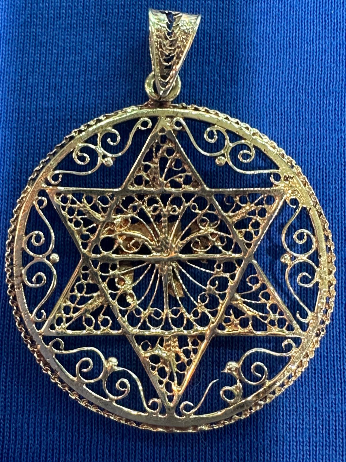 20th Century Handmade 14K Gold Filigree Star of David Pendant with Green Enamel Chai Symbol For Sale